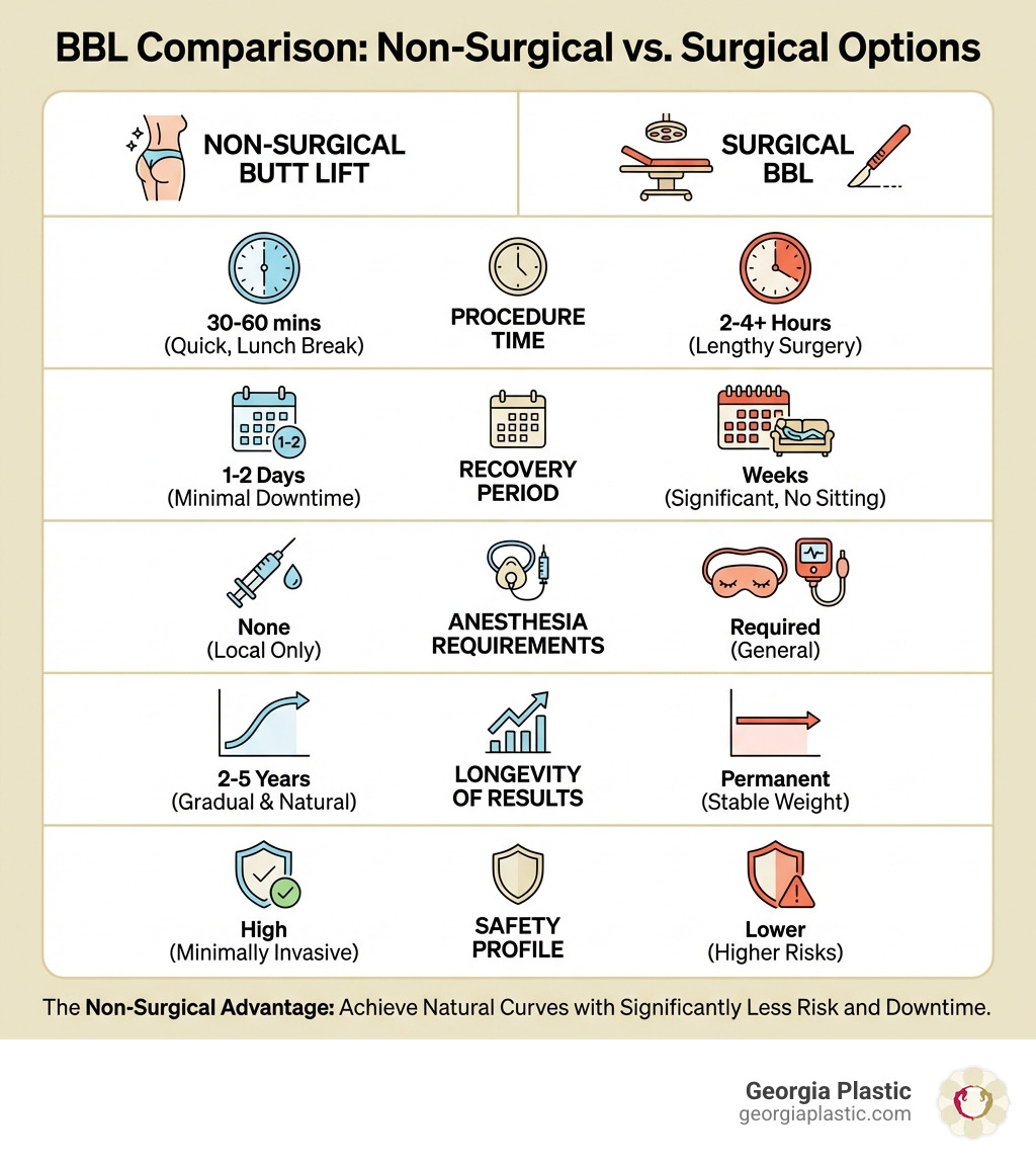 Infographic comparing surgical BBL vs non-surgical butt lift showing procedure time, recovery period, anesthesia requirements, longevity of results, and safety profile for each option - Non-surgical butt lift Atlanta infographic 
