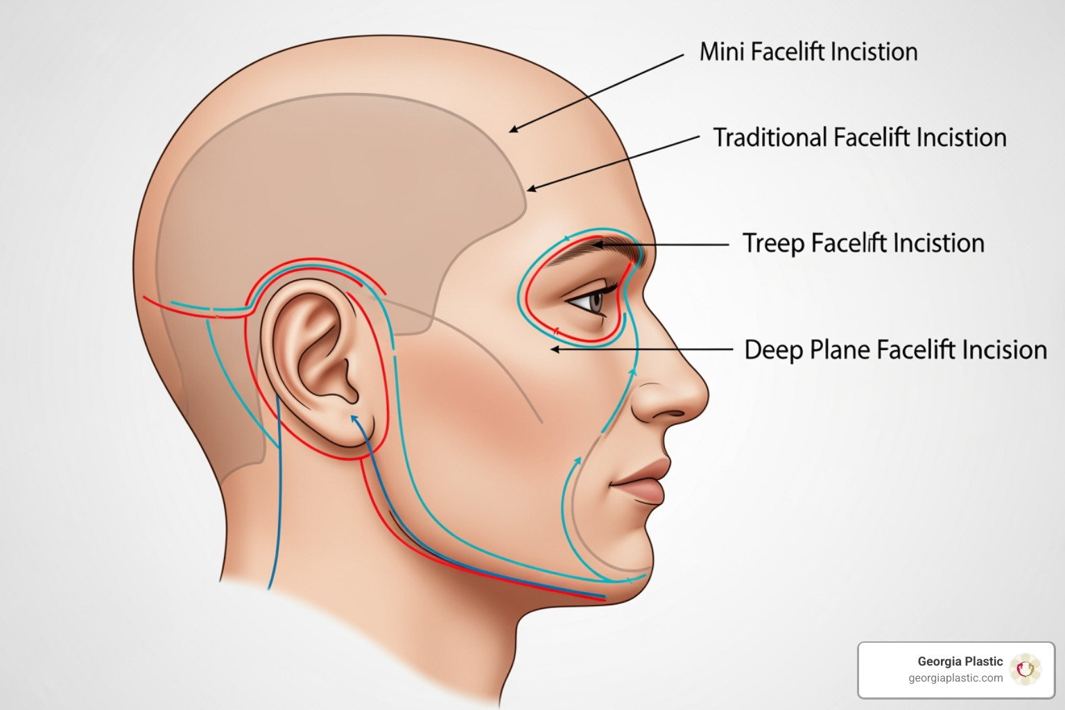 illustrations of different facelift incision patterns (mini, traditional, deep plane) - Affordable facelift Atlanta illustrations of different facelift incision patterns (mini, traditional, deep plane) - Affordable facelift Atlanta