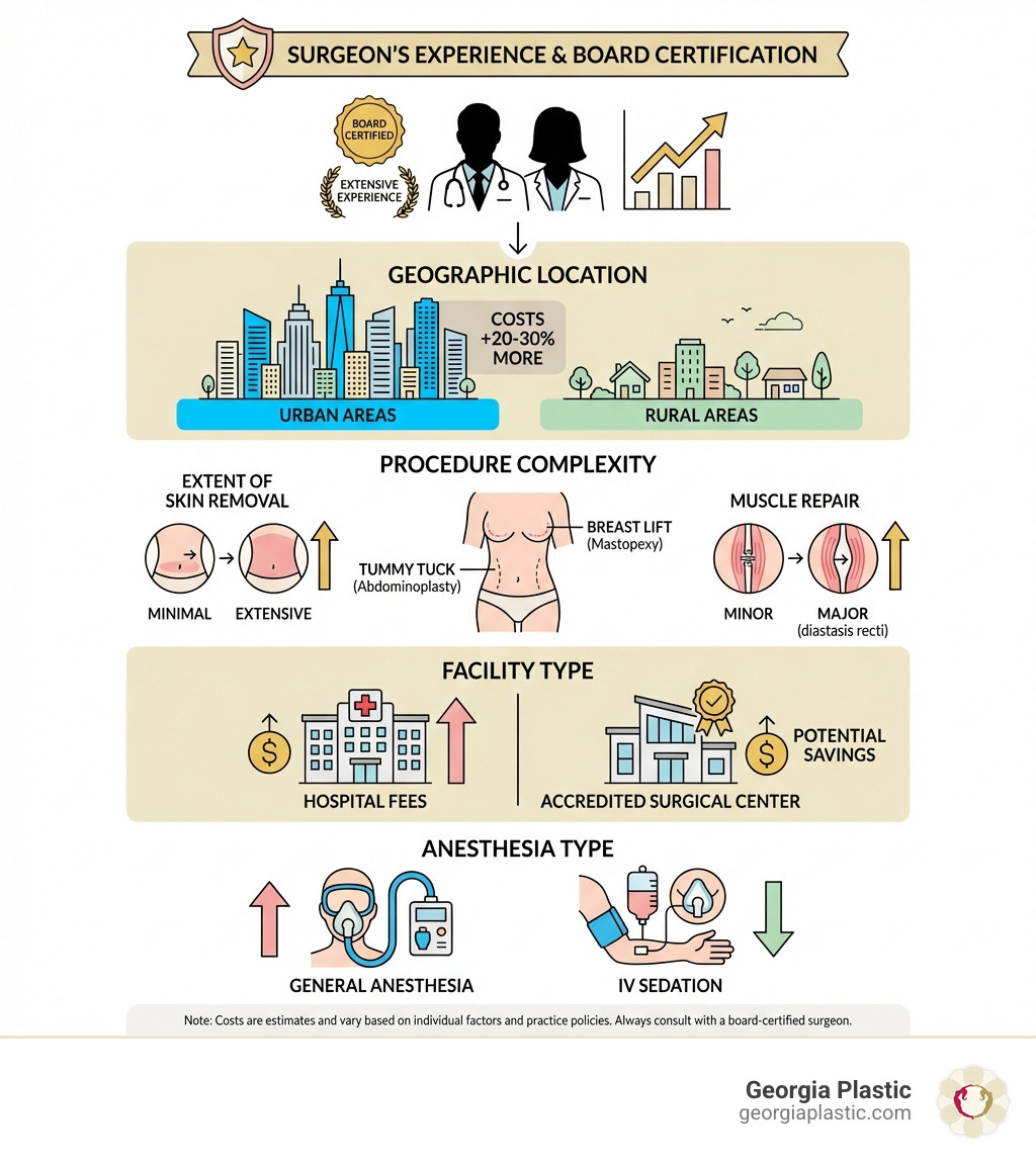 Infographic showing five main cost factors for tummy tuck and breast lift procedures: Surgeon's Experience and Board Certification at the top, followed by Geographic Location showing urban areas cost 20-30% more than rural, Procedure Complexity including extent of skin removal and muscle repair, Facility Type comparing hospital versus accredited surgical center fees, and Anesthesia Type showing general anesthesia versus IV sedation costs - cost tummy tuck breast lift infographic 