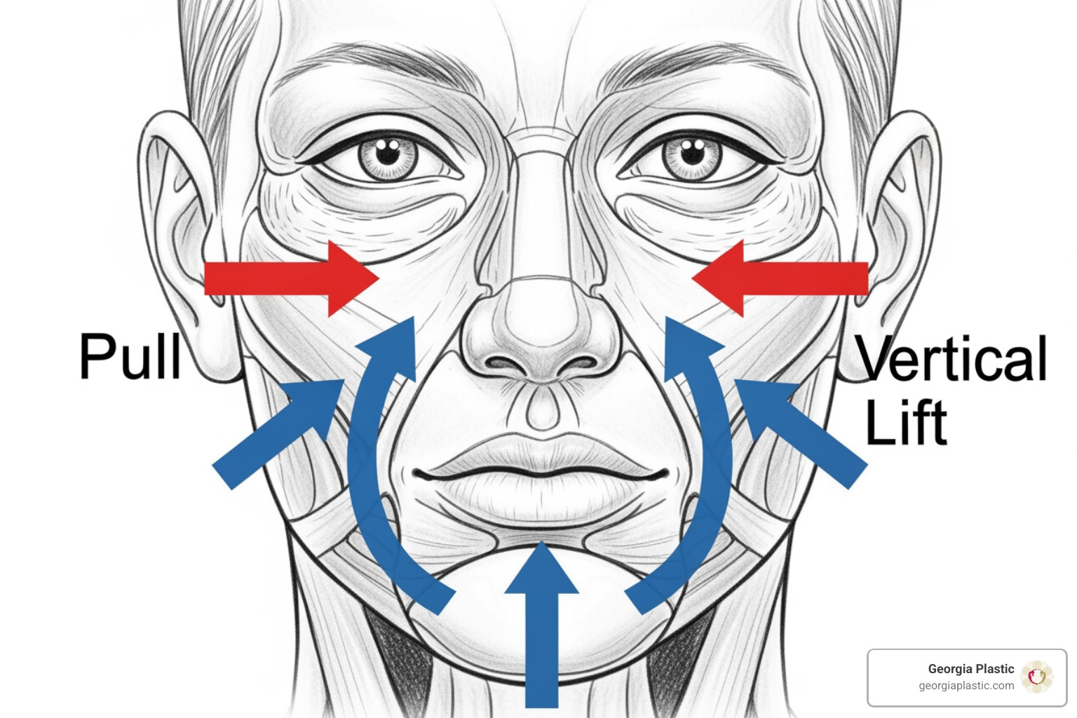 Diagram comparing the vectors of an old facelift (horizontal pull) vs. a modern facelift (vertical lift). - Natural facelift results Diagram comparing the vectors of an old facelift (horizontal pull) vs. a modern facelift (vertical lift). - Natural facelift results