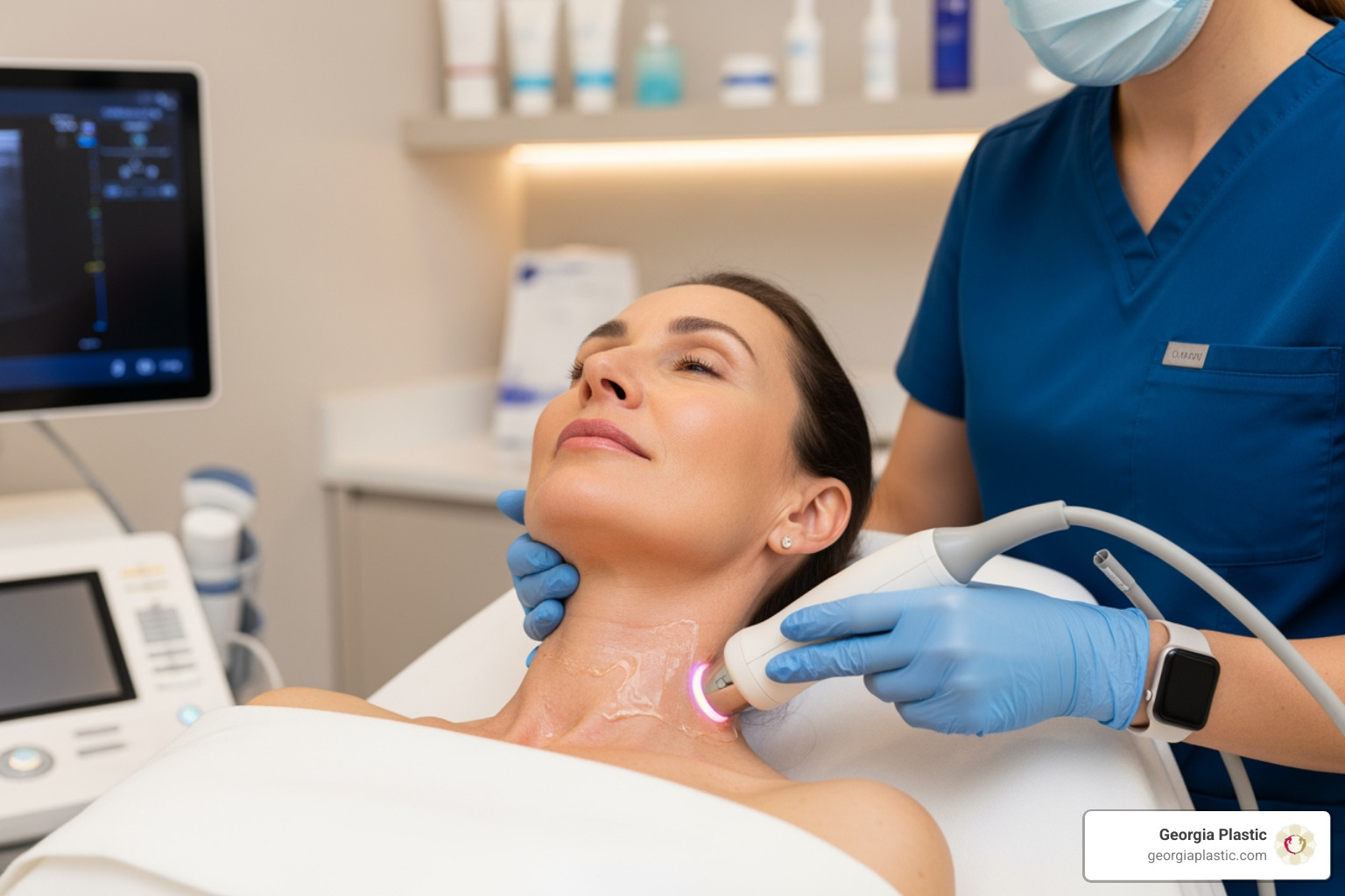 person receiving non-surgical neck treatment - Loose neck skin person receiving non-surgical neck treatment - Loose neck skin