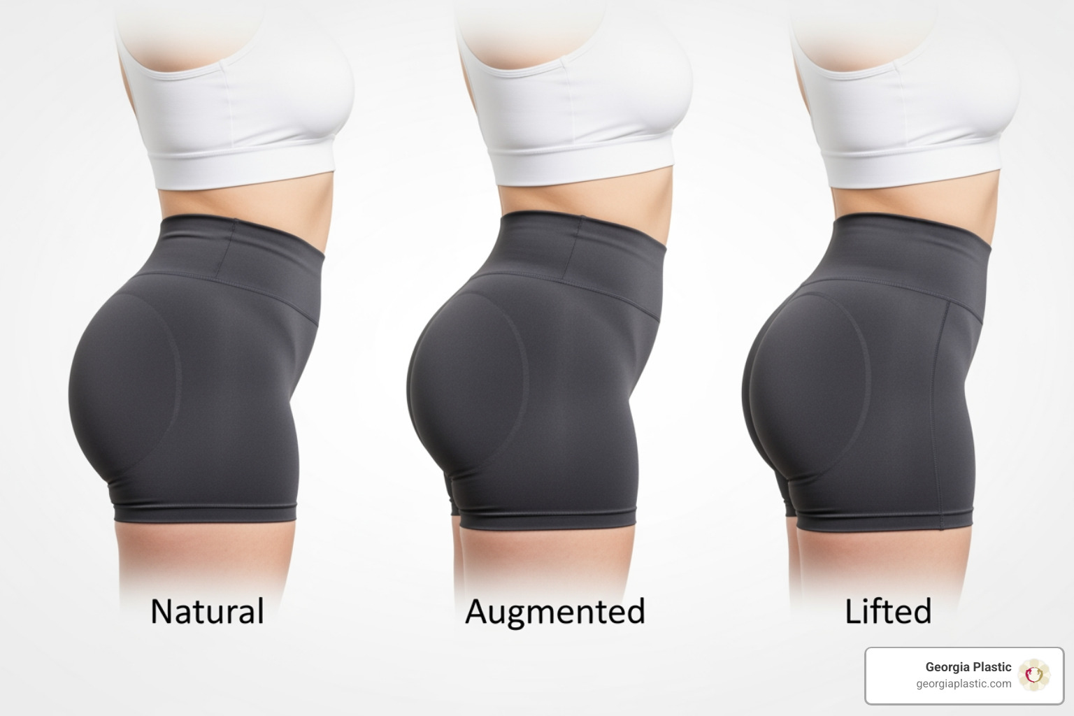 Side-by-side comparison of different buttock shapes achievable through various augmentation methods - butt collagen injections