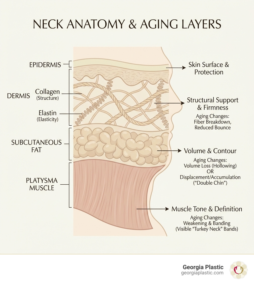 infographic showing neck anatomy layers including epidermis, dermis with collagen and elastin fibers, subcutaneous fat compartments, and the platysma muscle, with labels indicating how each layer contributes to neck appearance and where aging changes occur - Loose neck skin infographic infographic showing neck anatomy layers including epidermis, dermis with collagen and elastin fibers, subcutaneous fat compartments, and the platysma muscle, with labels indicating how each layer contributes to neck appearance and where aging changes occur - Loose neck skin infographic