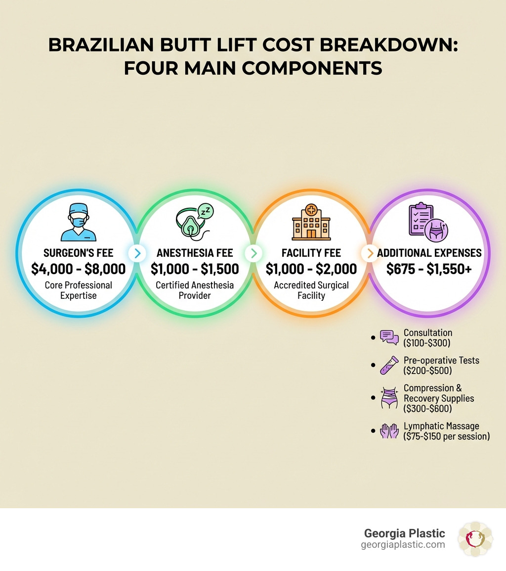 Infographic showing Brazilian Butt Lift cost breakdown with four main components: Surgeon's Fee ($4,000-$8,000), Anesthesia Fee ($1,000-$1,500), Facility Fee ($1,000-$2,000), and Additional Expenses including consultation ($100-$300), pre-operative tests ($200-$500), compression garments and recovery supplies ($300-$600), and lymphatic massage sessions ($75-$150 per session) - Brazilian butt lift cost infographic Infographic showing Brazilian Butt Lift cost breakdown with four main components: Surgeon's Fee ($4,000-$8,000), Anesthesia Fee ($1,000-$1,500), Facility Fee ($1,000-$2,000), and Additional Expenses including consultation ($100-$300), pre-operative tests ($200-$500), compression garments and recovery supplies ($300-$600), and lymphatic massage sessions ($75-$150 per session) - Brazilian butt lift cost infographic