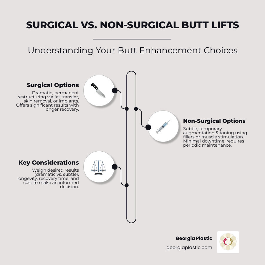 Infographic comparing surgical and non-surgical butt lift options, showing surgical procedures involve restructuring through fat transfer, skin removal, or implants for permanent dramatic results with longer recovery, while non-surgical procedures involve augmenting and toning through fillers or muscle stimulation for temporary subtle results with minimal downtime - Butt lift options infographic infographic-line-3-steps-elegant_beige