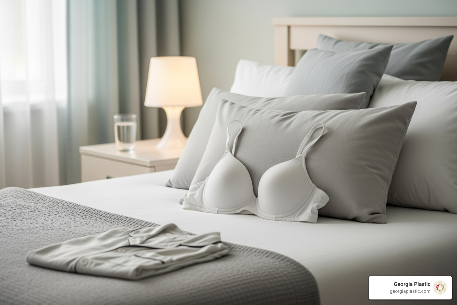 Image showing a comfortable recovery setup with a surgical bra, supportive pillows, soft pajamas, and a glass of water on a bedside table. - breast lift after pregnancy