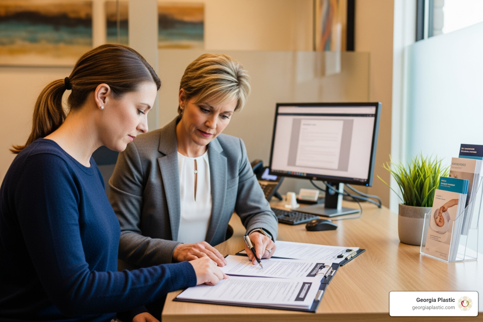 Patient reviewing financing paperwork with a coordinator - breast lift without implants cost