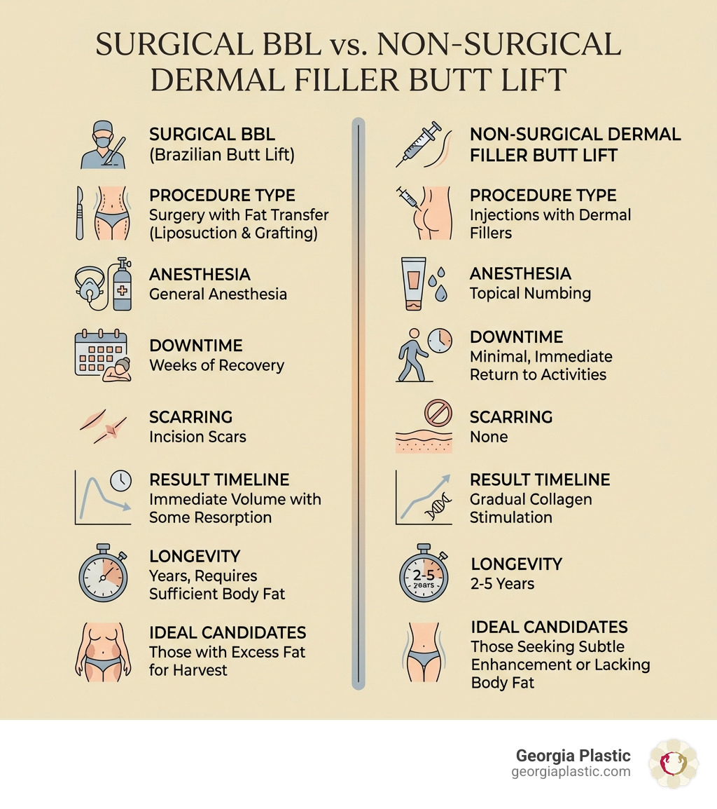 Infographic comparing surgical BBL vs. non-surgical dermal filler butt lift, showing procedure type (surgery with fat transfer vs. injections with dermal fillers), anesthesia requirements (general anesthesia vs. topical numbing), downtime (weeks of recovery vs. minimal), scarring (incision scars vs. none), result timeline (immediate volume with some resorption vs. gradual collagen stimulation), longevity (years but requires sufficient body fat vs. 2-5 years), and ideal candidates (those with excess fat for harvest vs. those seeking subtle enhancement or lacking body fat) - dermal filler butt lift infographic Infographic comparing surgical BBL vs. non-surgical dermal filler butt lift, showing procedure type (surgery with fat transfer vs. injections with dermal fillers), anesthesia requirements (general anesthesia vs. topical numbing), downtime (weeks of recovery vs. minimal), scarring (incision scars vs. none), result timeline (immediate volume with some resorption vs. gradual collagen stimulation), longevity (years but requires sufficient body fat vs. 2-5 years), and ideal candidates (those with excess fat for harvest vs. those seeking subtle enhancement or lacking body fat) - dermal filler butt lift infographic