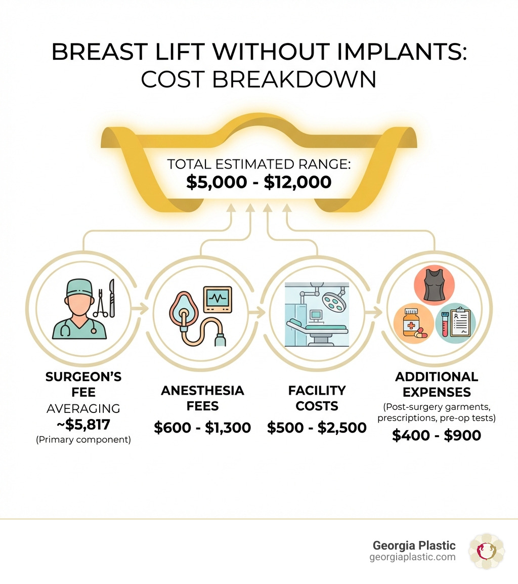 Infographic showing the key components of breast lift without implants cost: surgeon's fee averaging $5,817, anesthesia fees ranging $600-$1,300, facility costs from $500-$2,500, and additional expenses including post-surgery garments, prescriptions, and pre-operative tests totaling $400-$900, with a final estimated range of $5,000-$12,000 - breast lift without implants cost infographic 