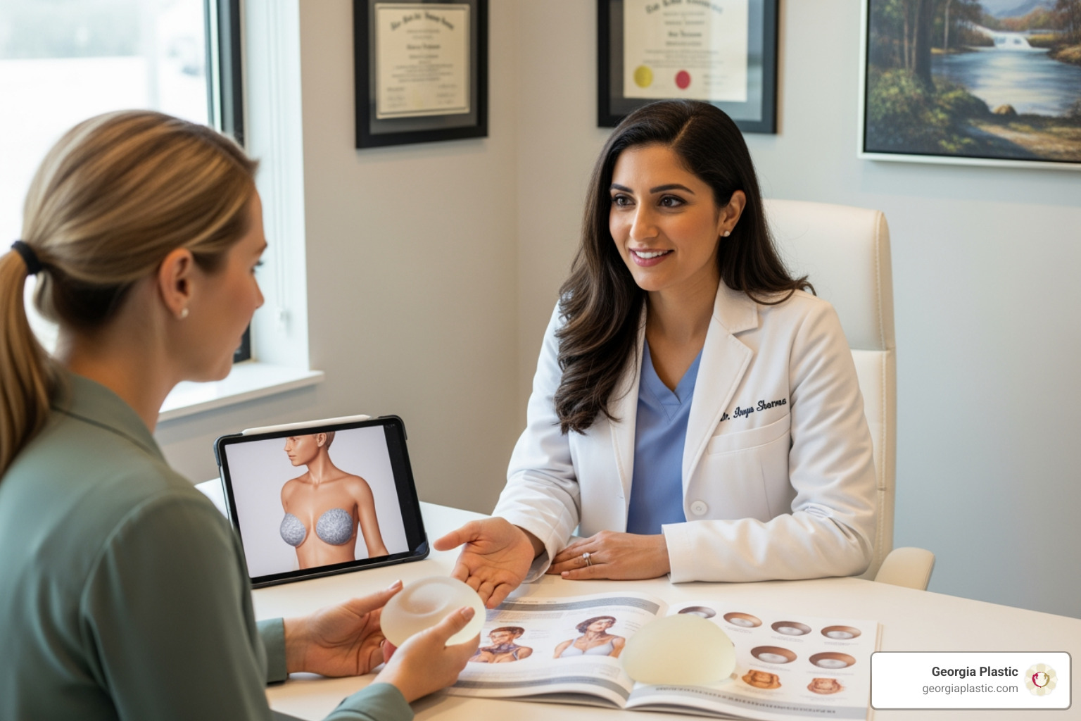A friendly, professional surgeon in a consultation with a patient - breast lift and augmentation cost near me