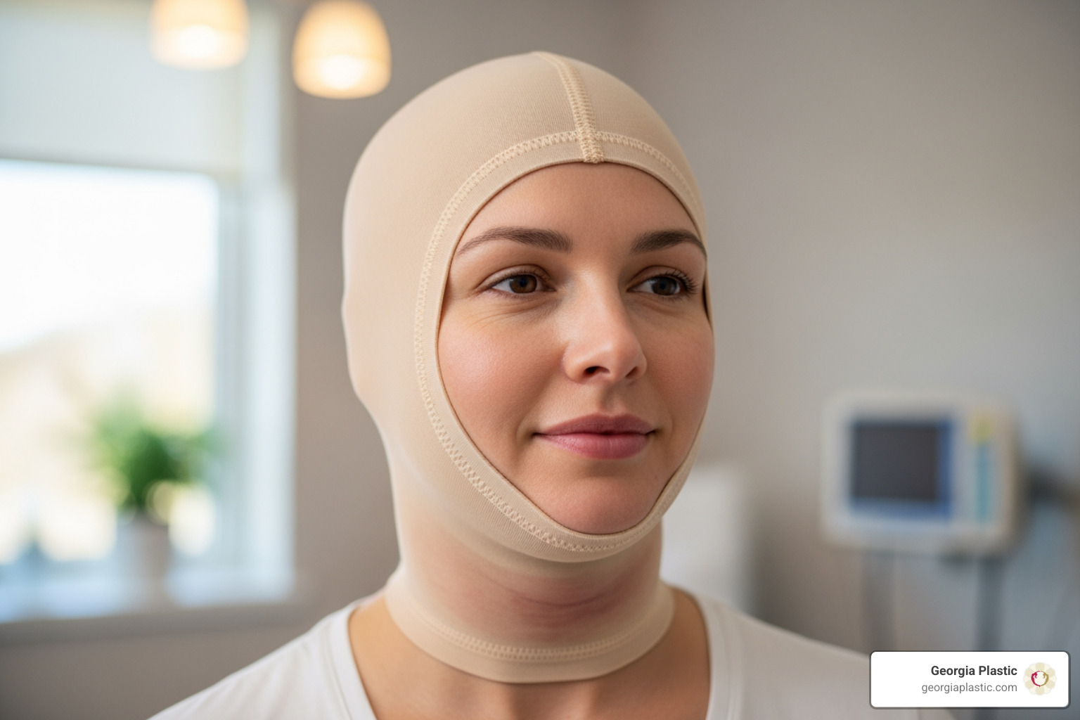 patient in early recovery with compression garment - Neck lift procedure