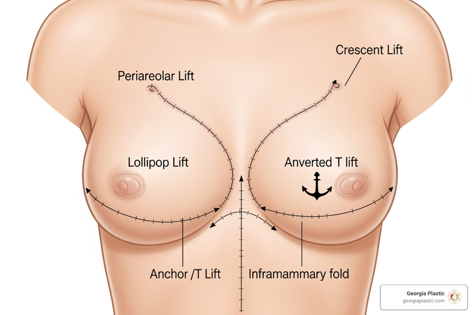 Image showing different breast lift incision patterns - tummy tuck and breast lift cost near me