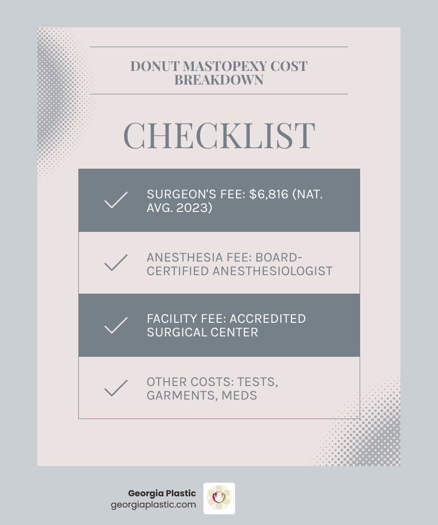 Infographic showing donut mastopexy cost breakdown: Surgeon's Fee (largest portion, $6,816 national average), Anesthesia Fee (board-certified anesthesiologist), Facility Fee (JCAHO-certified operating room), and Additional Costs (medical tests, compression garments, prescriptions, post-op visits) - donut mastopexy cost infographic checklist-light-blue-grey