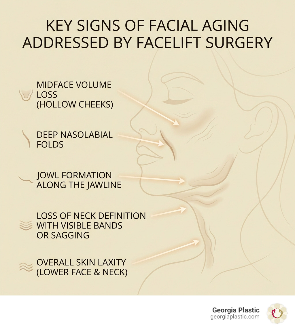Infographic showing key signs of facial aging addressed by facelift surgery, including jowl formation along the jawline, loss of neck definition with visible bands or sagging, deep nasolabial folds from nose to mouth corners, midface volume loss creating hollow cheeks, and overall skin laxity in the lower face and neck region - Best facelift surgeon infographic Infographic showing key signs of facial aging addressed by facelift surgery, including jowl formation along the jawline, loss of neck definition with visible bands or sagging, deep nasolabial folds from nose to mouth corners, midface volume loss creating hollow cheeks, and overall skin laxity in the lower face and neck region - Best facelift surgeon infographic