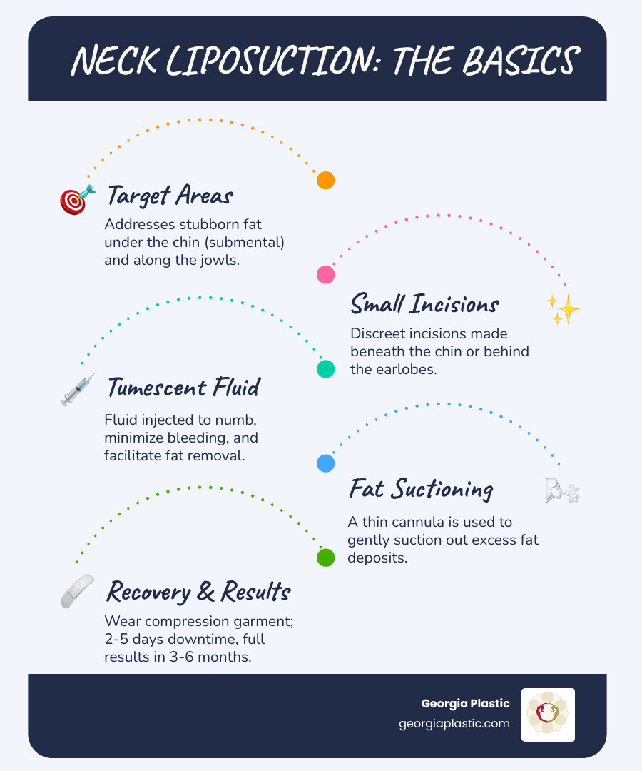Infographic showing neck liposuction basics: target areas include submental (under chin) fat and jowls; small incisions placed beneath chin and behind earlobes; tumescent fluid injected to numb area and minimize bleeding; thin cannula inserted to suction excess fat; compression garment worn post-procedure; typical recovery 2-5 days with full results visible in 3-6 months - Neck liposuction Atlanta infographic infographic-line-5-steps-blues-accent_colors Infographic showing neck liposuction basics: target areas include submental (under chin) fat and jowls; small incisions placed beneath chin and behind earlobes; tumescent fluid injected to numb area and minimize bleeding; thin cannula inserted to suction excess fat; compression garment worn post-procedure; typical recovery 2-5 days with full results visible in 3-6 months - Neck liposuction Atlanta infographic infographic-line-5-steps-blues-accent_colors