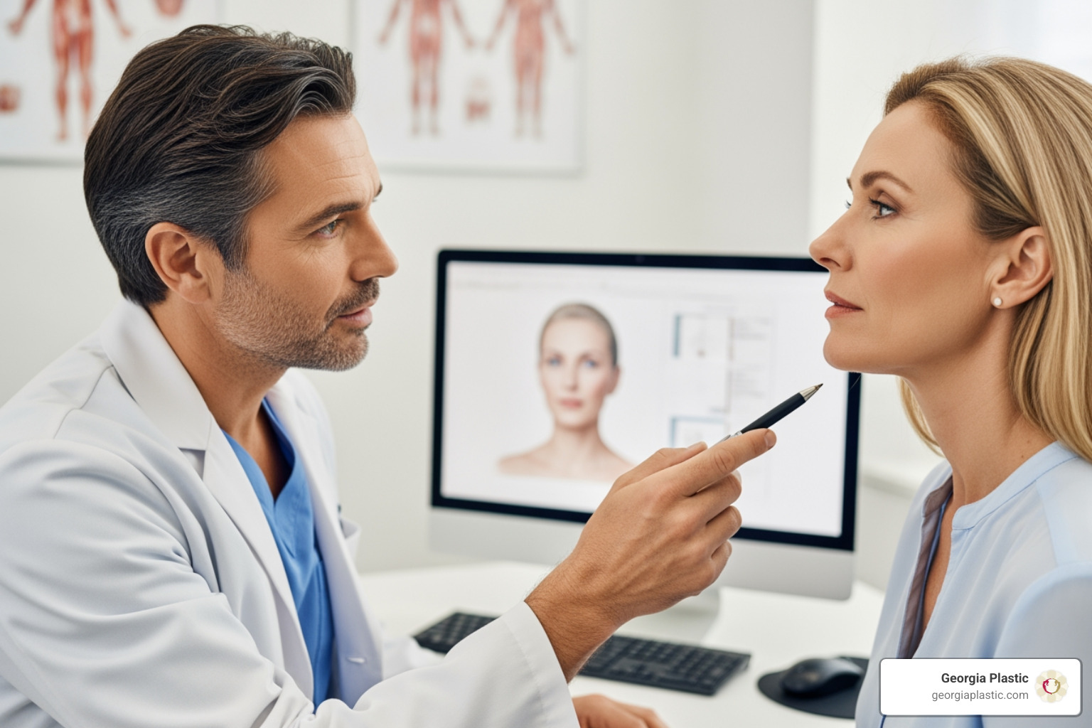 A surgeon consulting with a patient about their neck profile, pointing to the jawline - Neck liposuction Atlanta A surgeon consulting with a patient about their neck profile, pointing to the jawline - Neck liposuction Atlanta