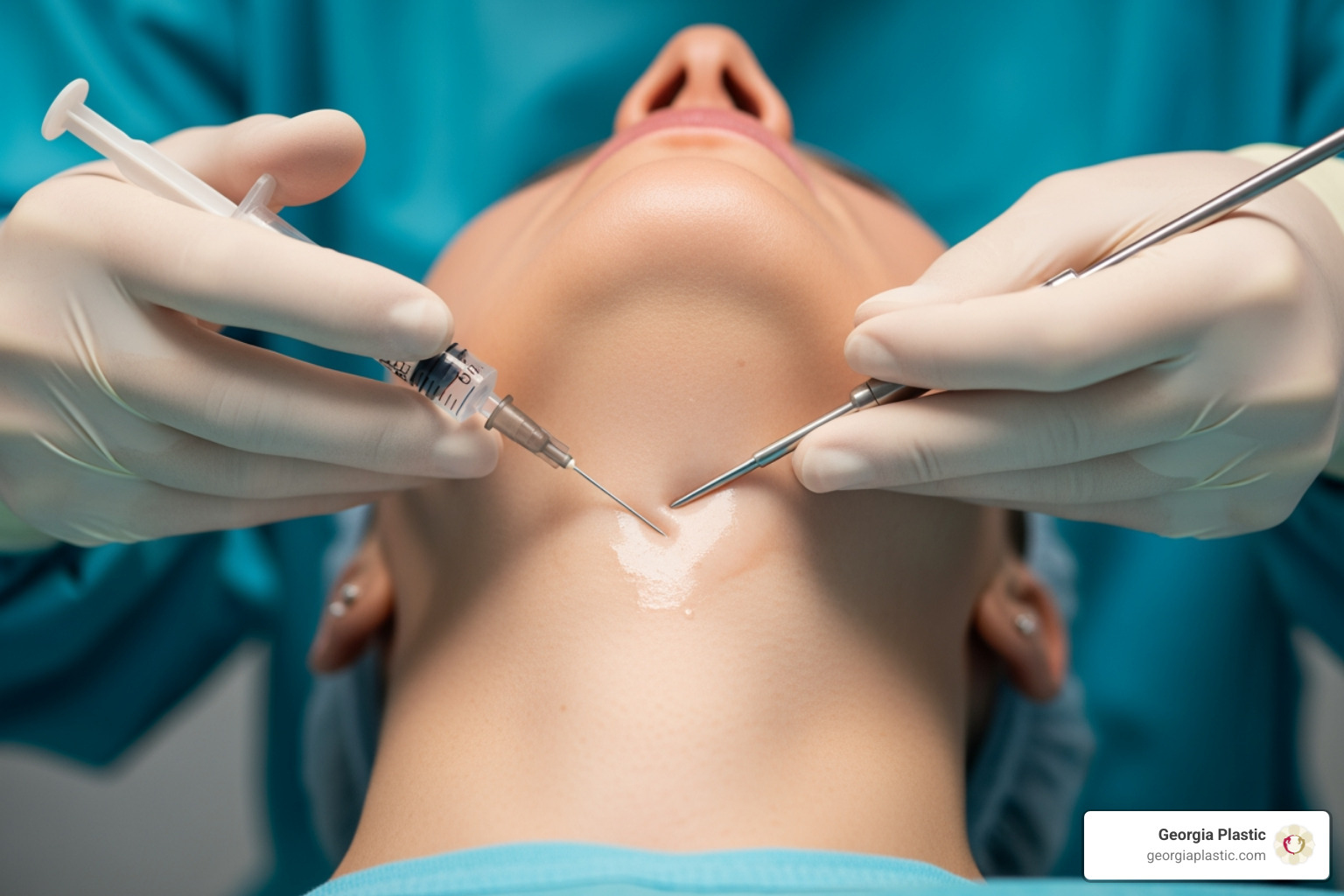 Illustrative image of the tumescent liposuction technique on the neck area, showing fluid injection and cannula movement - Neck liposuction Atlanta Illustrative image of the tumescent liposuction technique on the neck area, showing fluid injection and cannula movement - Neck liposuction Atlanta