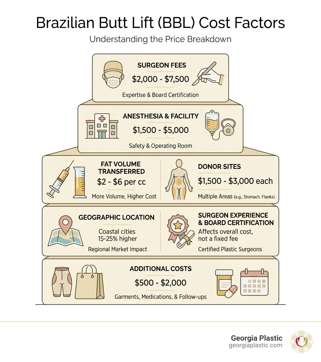Infographic showing the main cost factors for Brazilian Butt Lift including surgeon fees ranging from $2,000-$7,500, anesthesia and facility fees from $1,500-$5,000, fat volume transferred affecting cost by $2-$6 per cc, geographic location with coastal cities 15-25% higher, surgeon experience and board certification, number of donor sites adding $1,500-$3,000 each, and additional costs for garments, medications, and follow-ups totaling $500-$2,000 - fat transfer from stomach to buttocks price infographic Infographic showing the main cost factors for Brazilian Butt Lift including surgeon fees ranging from $2,000-$7,500, anesthesia and facility fees from $1,500-$5,000, fat volume transferred affecting cost by $2-$6 per cc, geographic location with coastal cities 15-25% higher, surgeon experience and board certification, number of donor sites adding $1,500-$3,000 each, and additional costs for garments, medications, and follow-ups totaling $500-$2,000 - fat transfer from stomach to buttocks price infographic