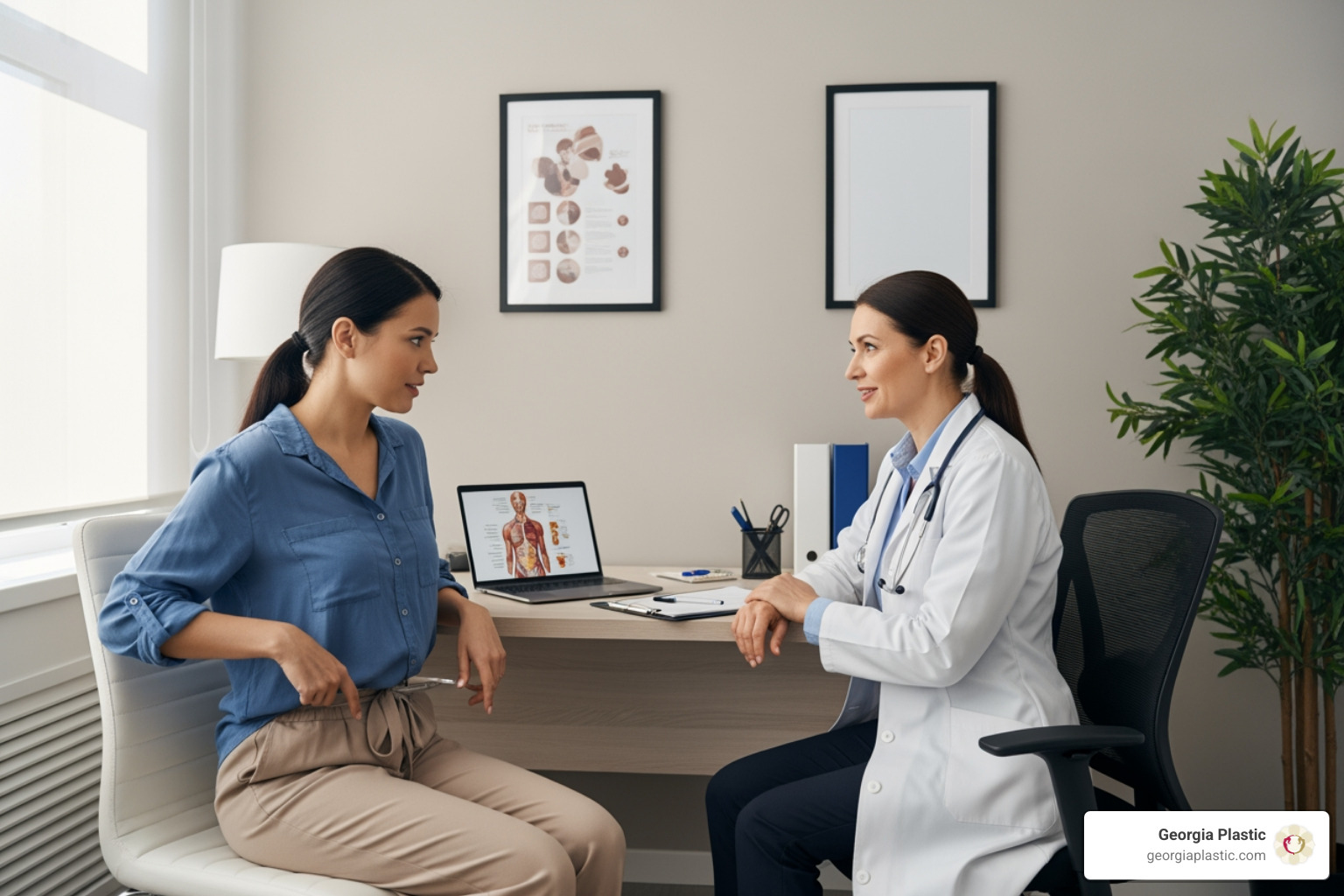 patient consulting with a doctor about hip dips - collagen shots for hip dips