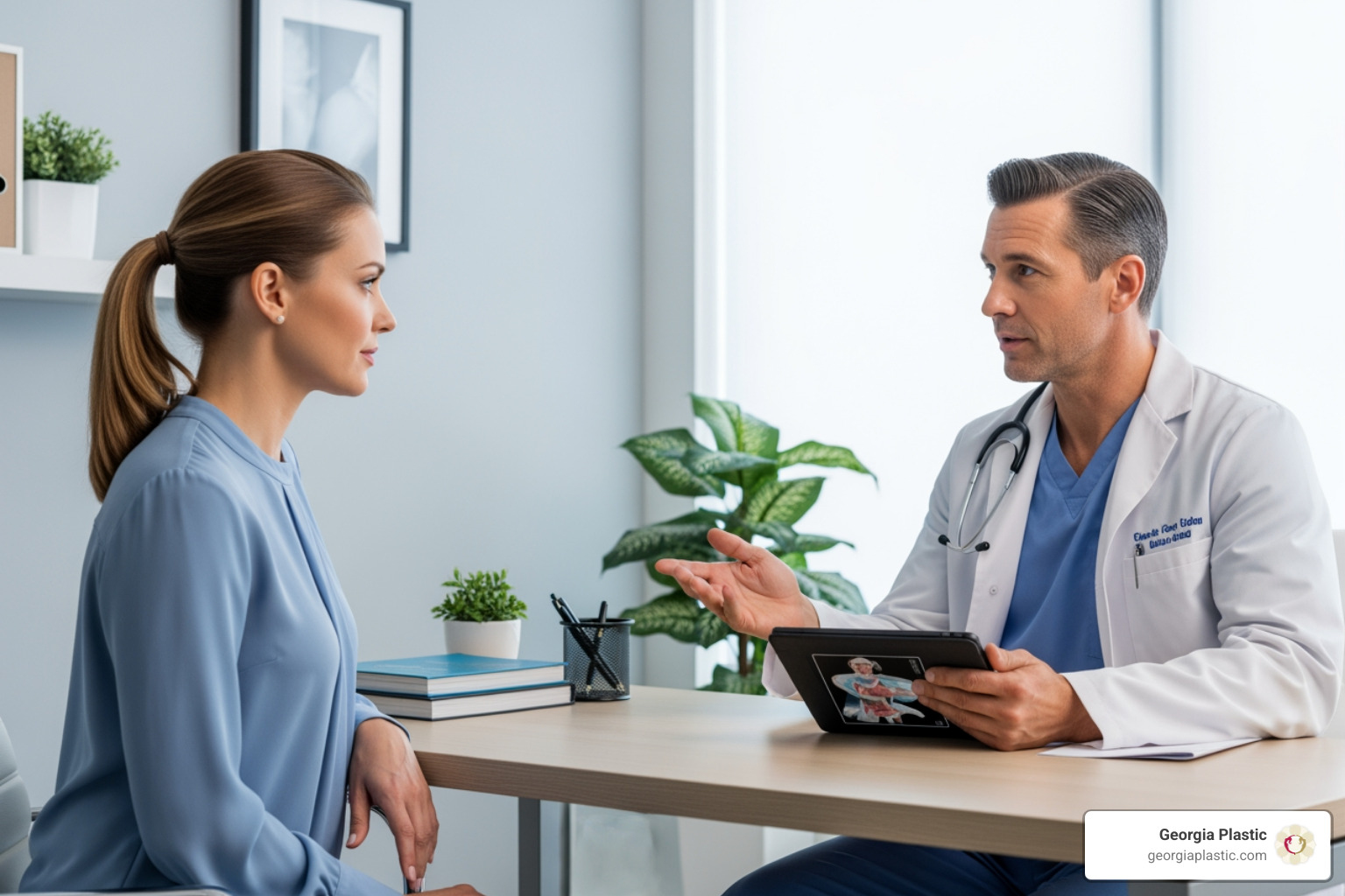 surgeon consulting with patient - boob uplift price