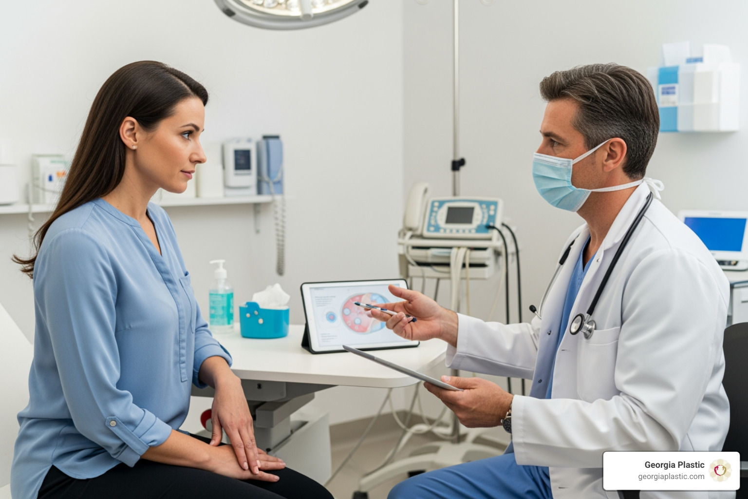 Surgeon in consultation with a patient - boob reduction and lift cost Surgeon in consultation with a patient - boob reduction and lift cost