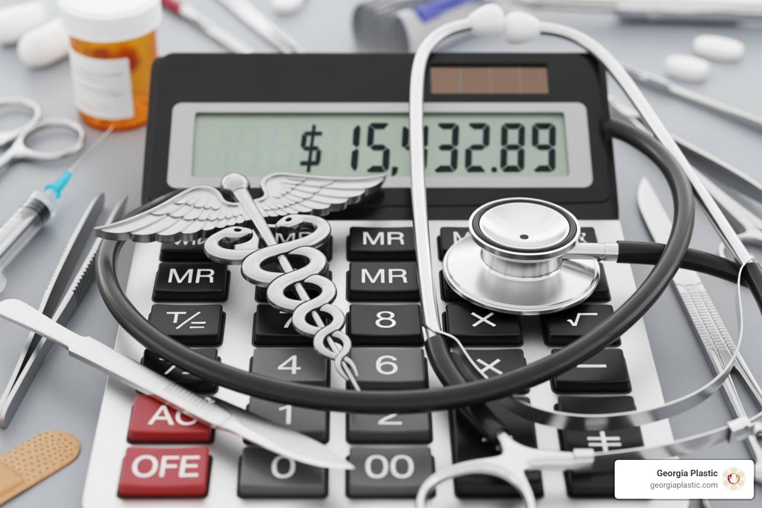 Calculator and medical icons representing surgery costs - boob reduction and lift cost Calculator and medical icons representing surgery costs - boob reduction and lift cost