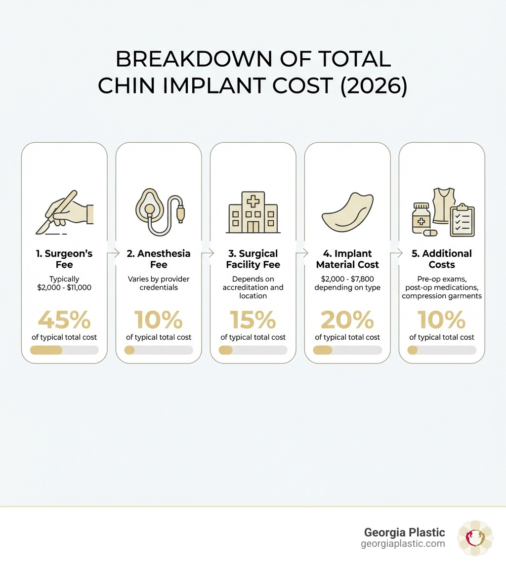 Infographic showing the breakdown of total chin implant cost with five main components: Surgeon's Fee (typically $2,000-$11,000), Anesthesia Fee (varies by provider credentials), Surgical Facility Fee (depends on accreditation and location), Implant Material Cost ($2,000-$7,800 depending on type), and Additional Costs (pre-op exams, post-op medications, compression garments). Each component is illustrated with an icon and percentage of typical total cost. - chin implant cost infographic 