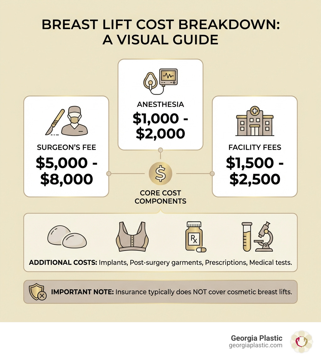 Infographic showing breast lift cost breakdown: surgeon's fee ($5,000-$8,000), anesthesia ($1,000-$2,000), facility fees ($1,500-$2,500), with additional costs for implants, post-surgery garments, prescriptions, and medical tests. Includes note that insurance typically doesn't cover cosmetic breast lifts. - how much does it cost for a breast uplift infographic Infographic showing breast lift cost breakdown: surgeon's fee ($5,000-$8,000), anesthesia ($1,000-$2,000), facility fees ($1,500-$2,500), with additional costs for implants, post-surgery garments, prescriptions, and medical tests. Includes note that insurance typically doesn't cover cosmetic breast lifts. - how much does it cost for a breast uplift infographic