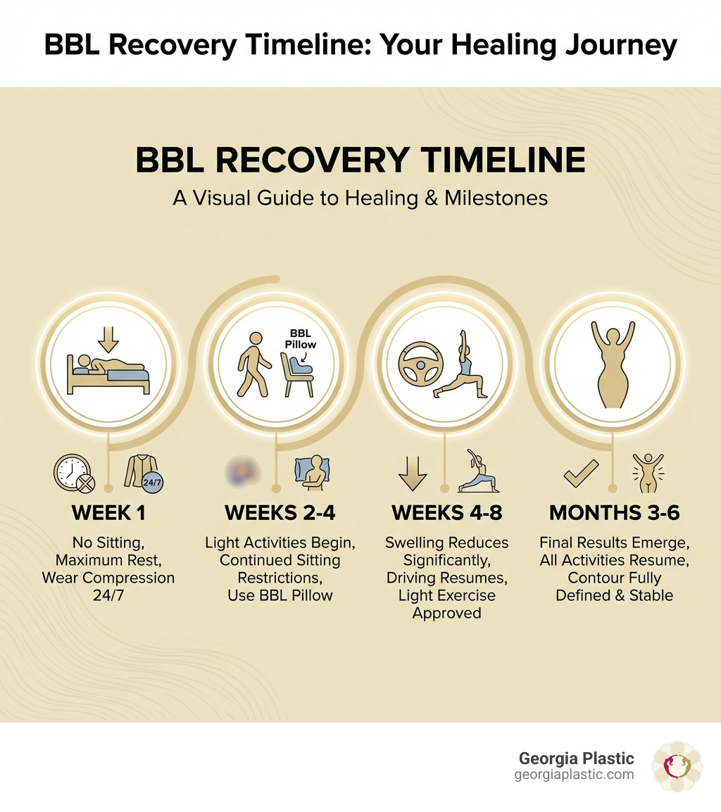 Infographic showing BBL recovery timeline from Week 1 through Month 6, with visual markers for key milestones including: Week 1 - No sitting, maximum rest, wear compression garments 24/7; Weeks 2-4 - Light activities begin, continued sitting restrictions with BBL pillow; Weeks 4-8 - Swelling reduces significantly, driving resumes, light exercise approved; Months 3-6 - Final results emerge, all activities resume, contour fully defined and stable - Brazilian butt lift recovery infographic Infographic showing BBL recovery timeline from Week 1 through Month 6, with visual markers for key milestones including: Week 1 - No sitting, maximum rest, wear compression garments 24/7; Weeks 2-4 - Light activities begin, continued sitting restrictions with BBL pillow; Weeks 4-8 - Swelling reduces significantly, driving resumes, light exercise approved; Months 3-6 - Final results emerge, all activities resume, contour fully defined and stable - Brazilian butt lift recovery infographic