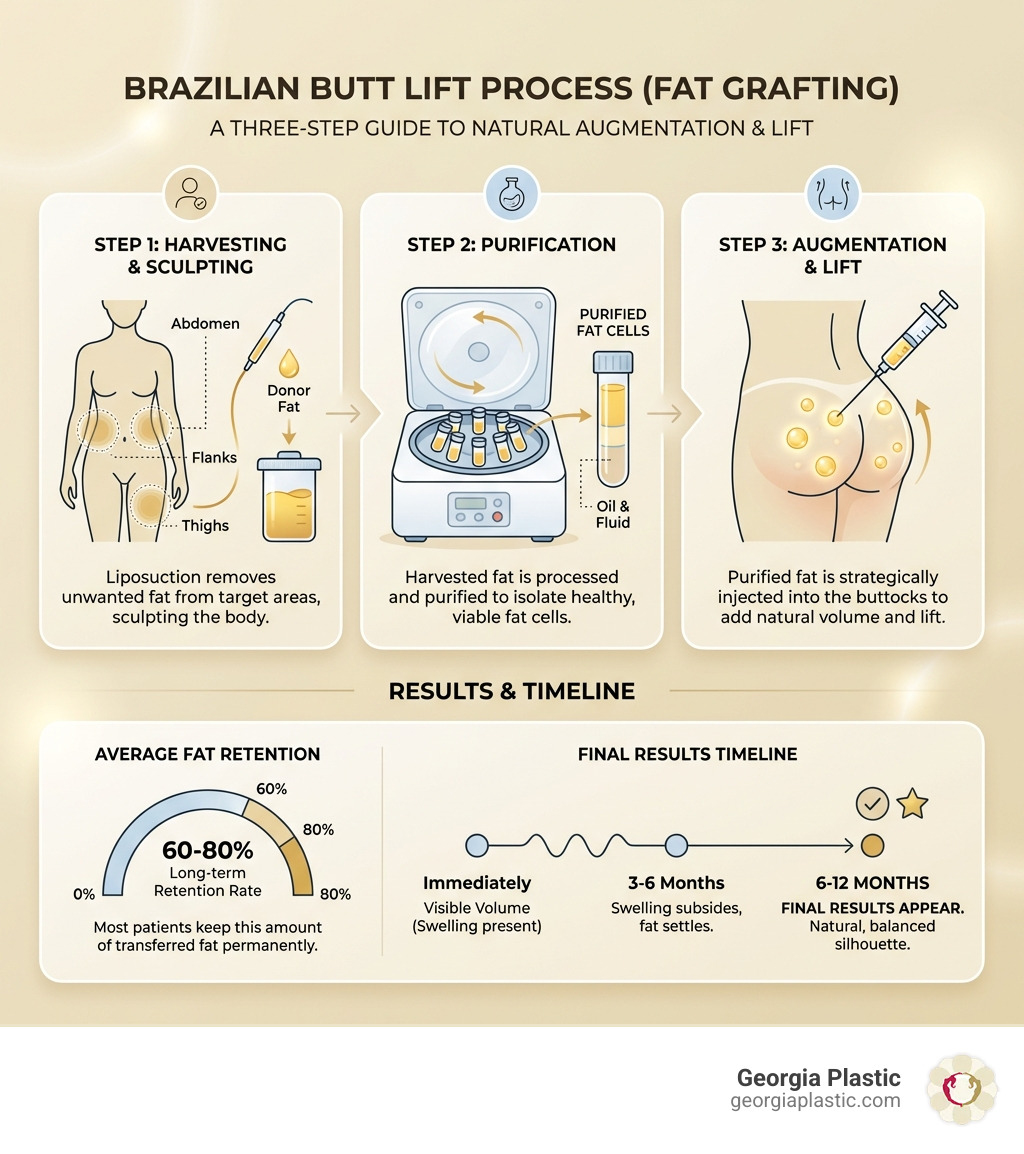 Infographic showing the Brazilian Butt Lift process: Step 1 shows liposuction removing fat from abdomen, flanks and thighs; Step 2 shows fat being purified in a centrifuge; Step 3 shows strategic injection of purified fat into buttocks for volume and lift. Chart displays 60-80% average fat retention rate and 6-12 month timeline for final results. - Fat grafting buttocks Atlanta infographic 