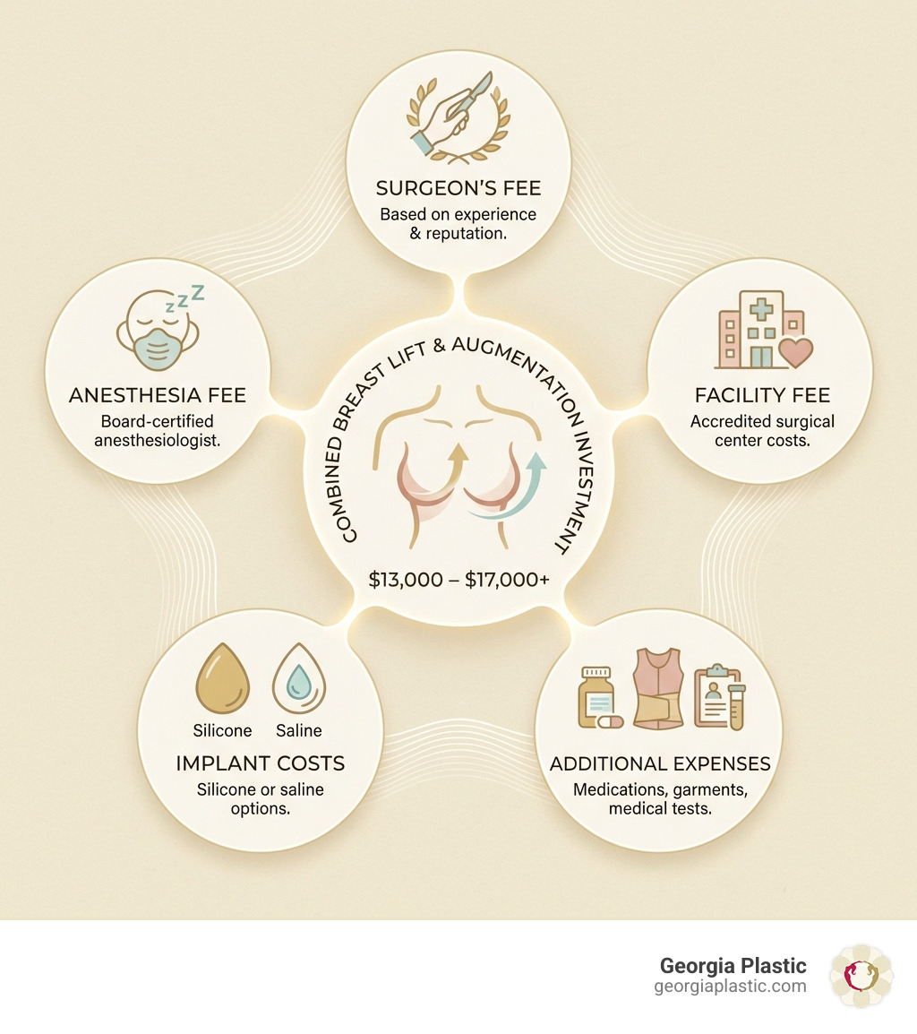 Infographic showing the main cost components of combined breast lift and augmentation surgery: Surgeon's Fee (based on experience and reputation), Anesthesia Fee (board-certified anesthesiologist), Facility Fee (accredited surgical center costs), Implant Costs (silicone or saline options), and Additional Expenses (medications, garments, medical tests) - breast lift and augmentation cost infographic 