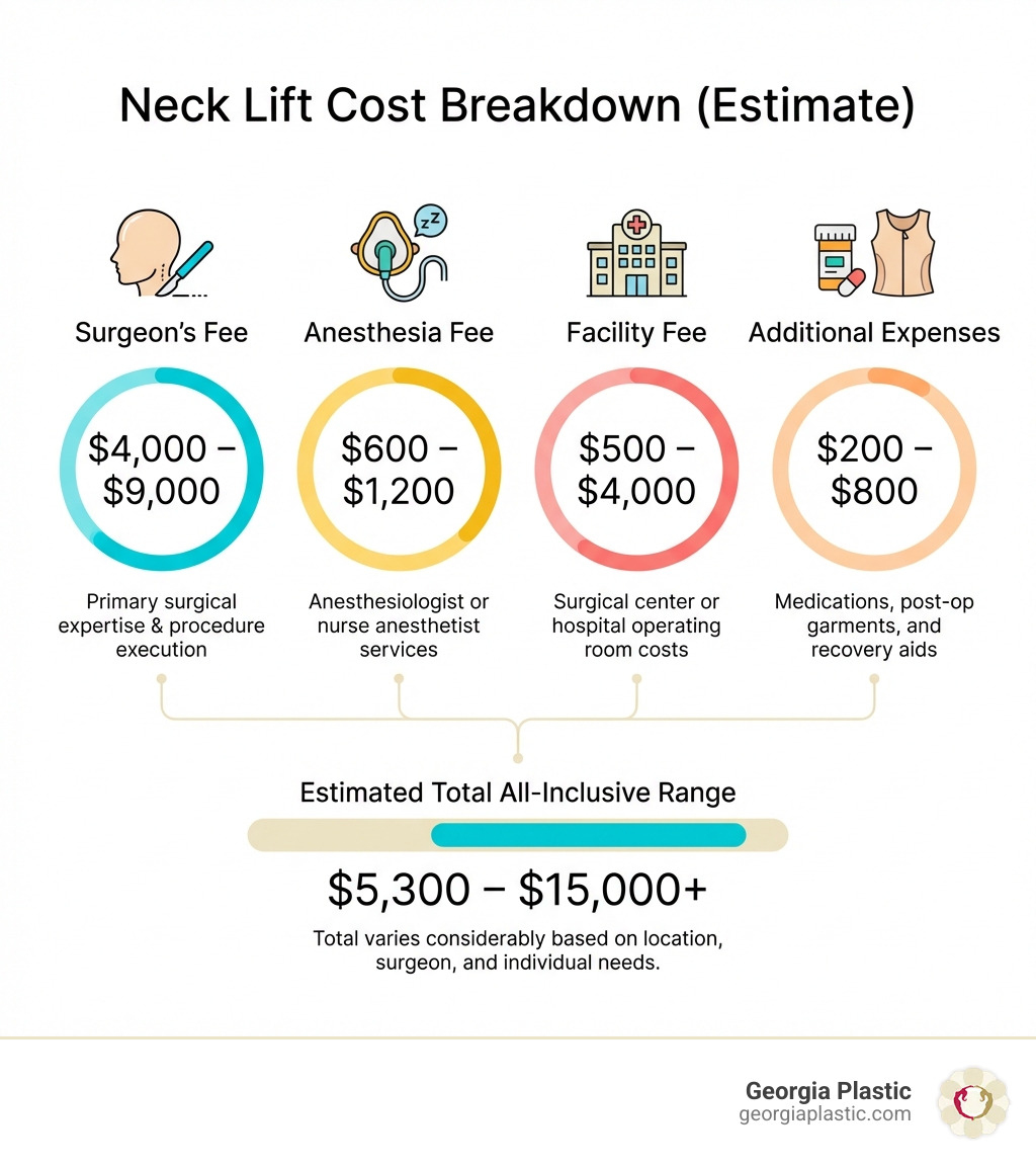 infographic showing neck lift cost breakdown with four main components: surgeon's fee ranging from $4,000-$9,000, anesthesia fee of $600-$1,200, facility fee of $500-$4,000, and additional expenses of $200-$800 for medications and garments - Neck lift cost infographic 