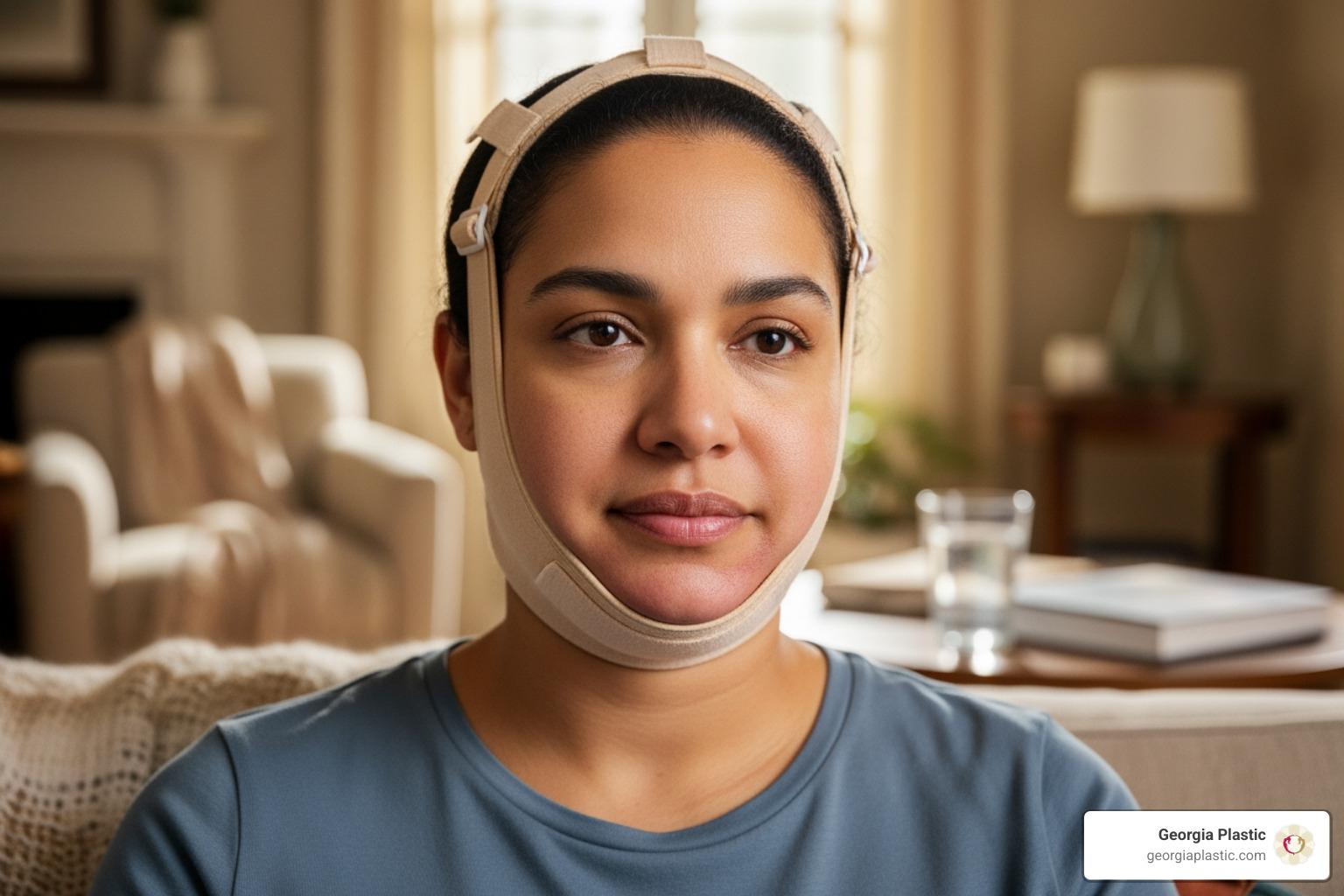 Patient wearing a post-surgical chin strap or compression garment - chin and jaw implant