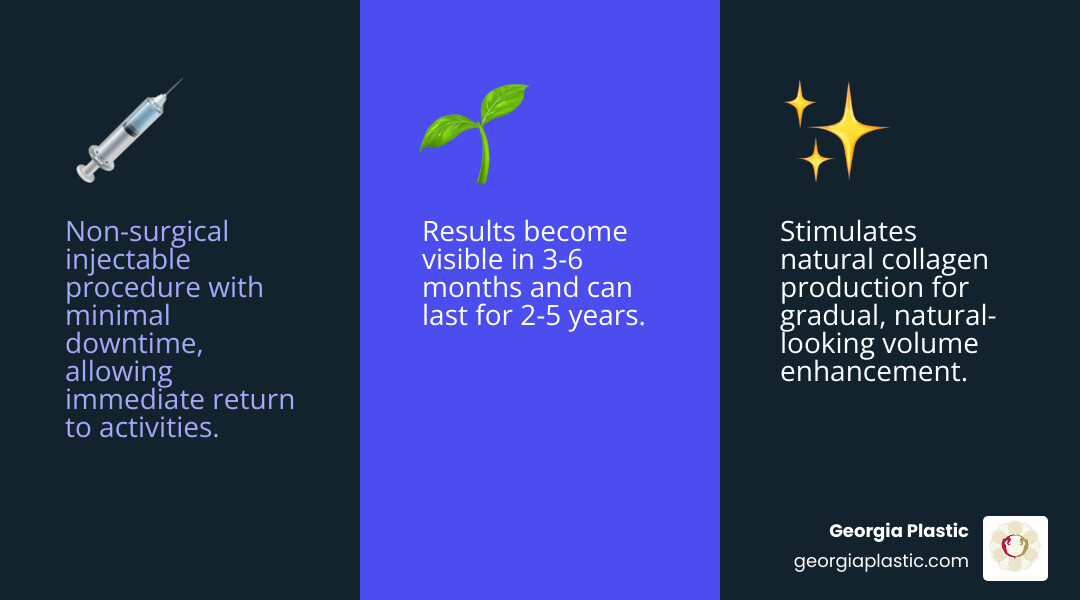Infographic showing the key benefits of a Sculptra Butt Lift in Atlanta: Non-surgical injectable procedure, minimal downtime with immediate return to activities, stimulates natural collagen production for gradual volume, results last 2-5 years, requires 2-4 treatment sessions, costs $4,995-6,500 per session, ideal for those lacking fat for BBL or wanting to avoid surgery, and can improve cellulite appearance - Sculptra butt lift Atlanta infographic 3_facts_emoji_blue