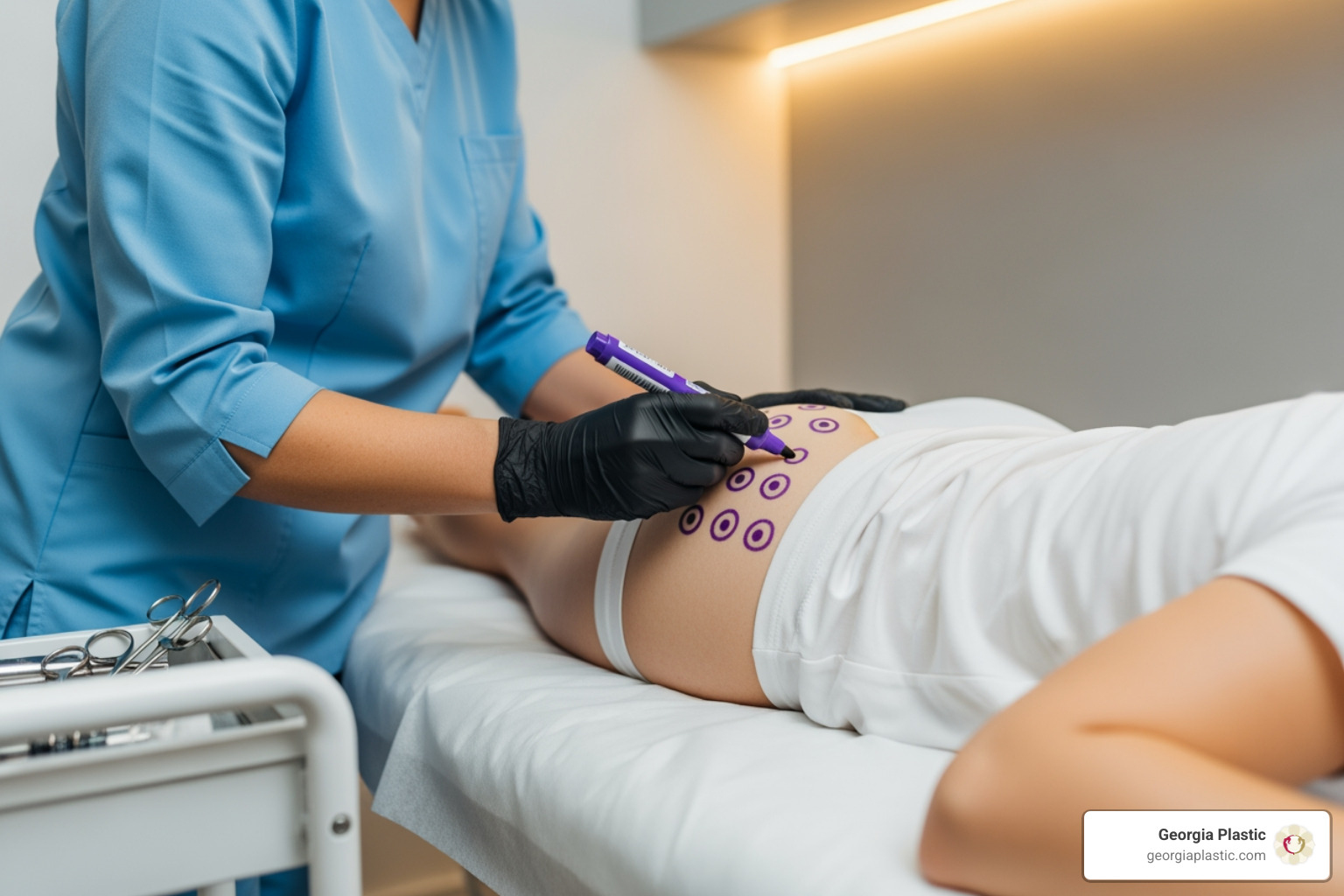 Image of a consultation room or a provider marking the injection area on a patient - Sculptra butt lift Atlanta