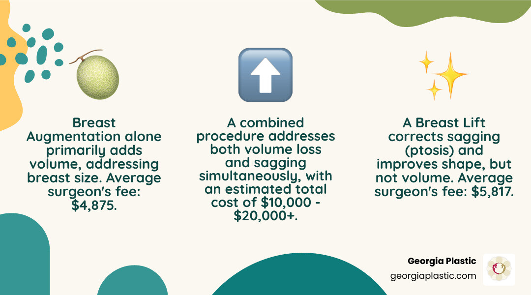 Detailed infographic comparing breast augmentation alone (showing implant placement), breast lift alone (showing tissue removal and nipple repositioning), and combined breast augmentation with lift procedure (showing both implant placement and tissue removal/lifting). Includes average cost ranges for each procedure, typical recovery times, and visual indicators of which procedure addresses volume loss versus sagging. - average cost of breast augmentation and lift infographic 3_facts_emoji_nature Detailed infographic comparing breast augmentation alone (showing implant placement), breast lift alone (showing tissue removal and nipple repositioning), and combined breast augmentation with lift procedure (showing both implant placement and tissue removal/lifting). Includes average cost ranges for each procedure, typical recovery times, and visual indicators of which procedure addresses volume loss versus sagging. - average cost of breast augmentation and lift infographic 3_facts_emoji_nature