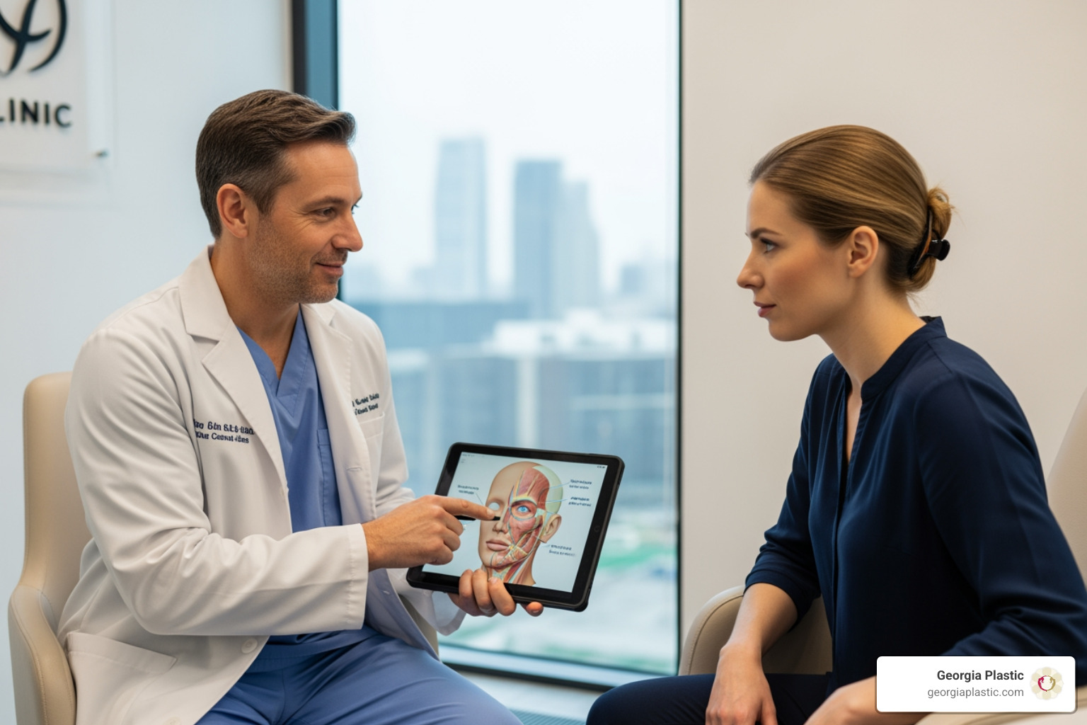 a surgeon in a consultation with a patient - Deep plane facelift cost a surgeon in a consultation with a patient - Deep plane facelift cost