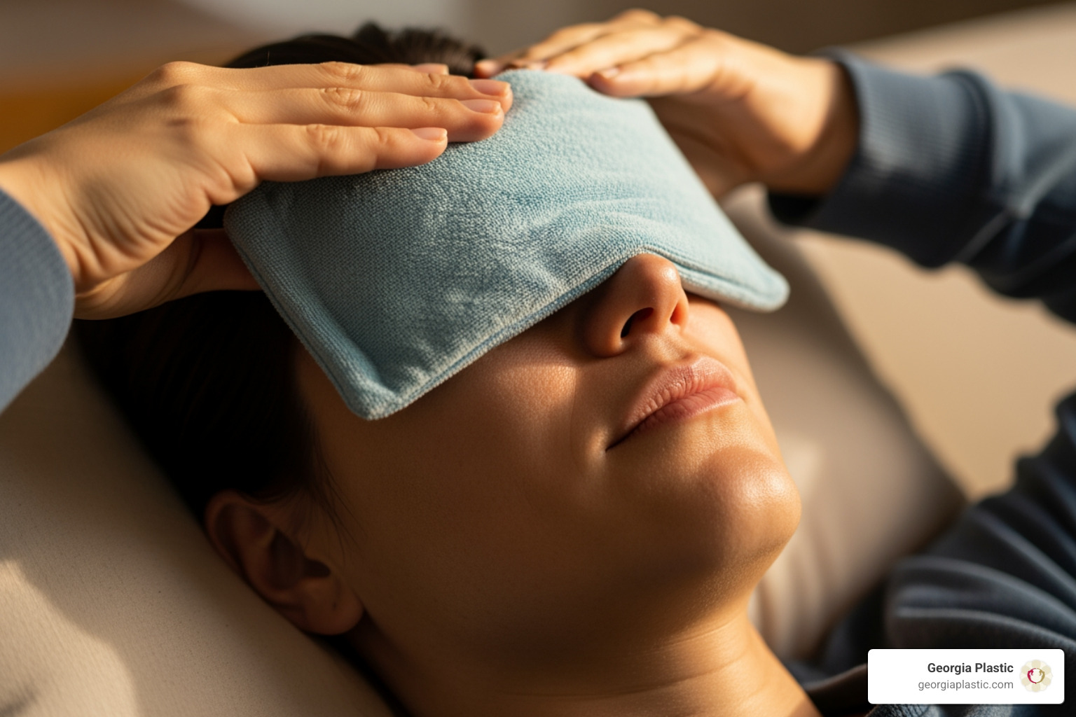 A person gently applying a cold compress (wrapped in a soft cloth) over their closed eyes, while reclining comfortably - Eyelid lift recovery