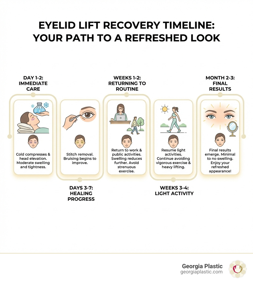 Infographic showing eyelid lift recovery timeline: Day 1-2 shows cold compresses and head elevation with moderate swelling; Days 3-7 shows stitch removal with improving bruising; Weeks 1-2 shows return to work with continued swelling reduction; Weeks 3-4 shows light activities resuming; Month 2-3 shows final results emerging with minimal swelling - Eyelid lift recovery infographic 