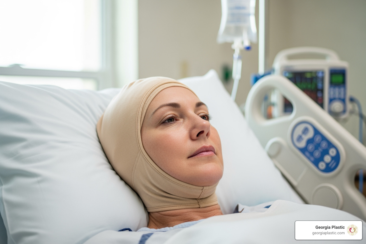 Patient in early stages of recovery with head wrap - Deep plane facelift Patient in early stages of recovery with head wrap - Deep plane facelift