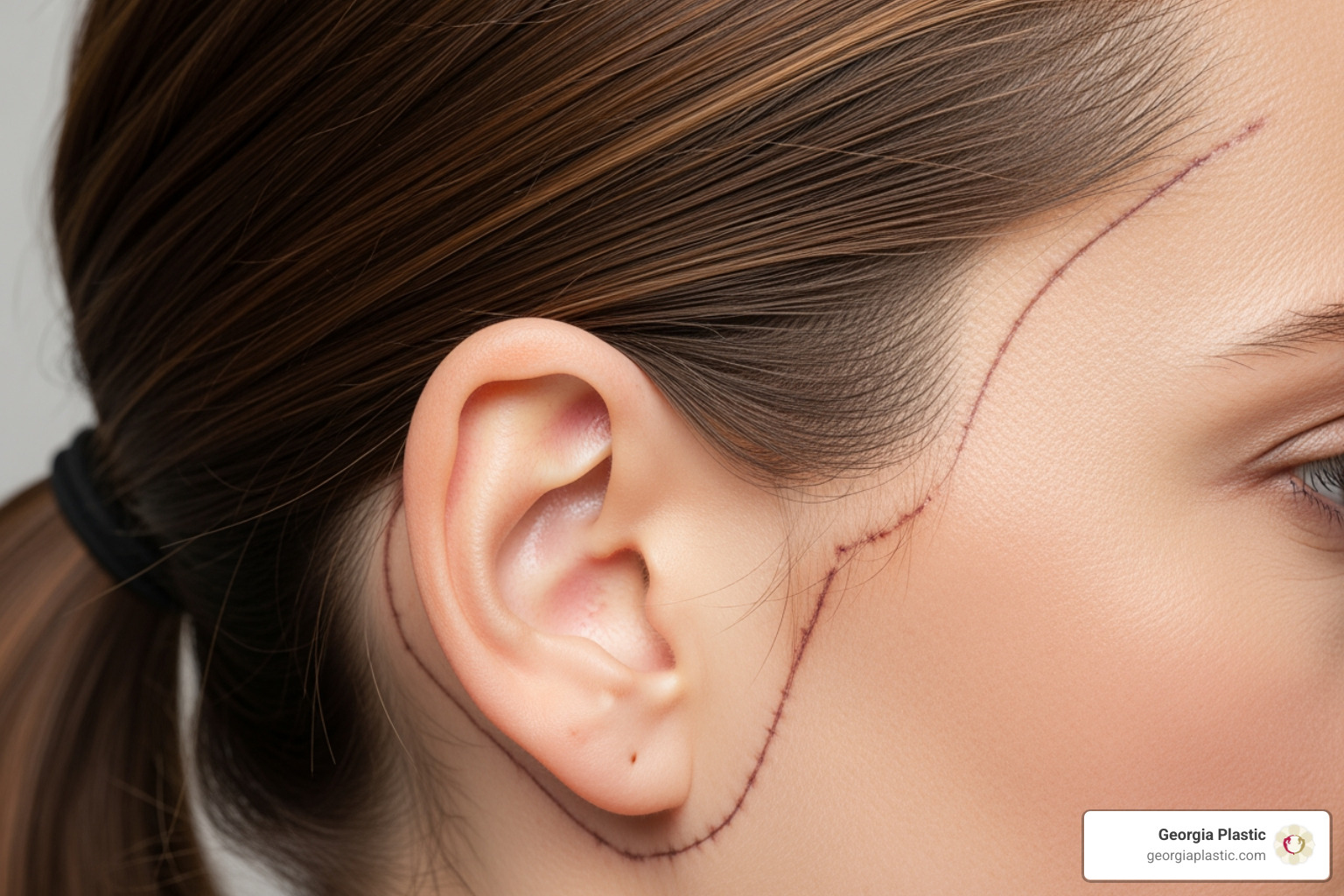 Incision lines for a deep plane facelift hidden around the ear and in the hairline - Deep plane facelift Incision lines for a deep plane facelift hidden around the ear and in the hairline - Deep plane facelift