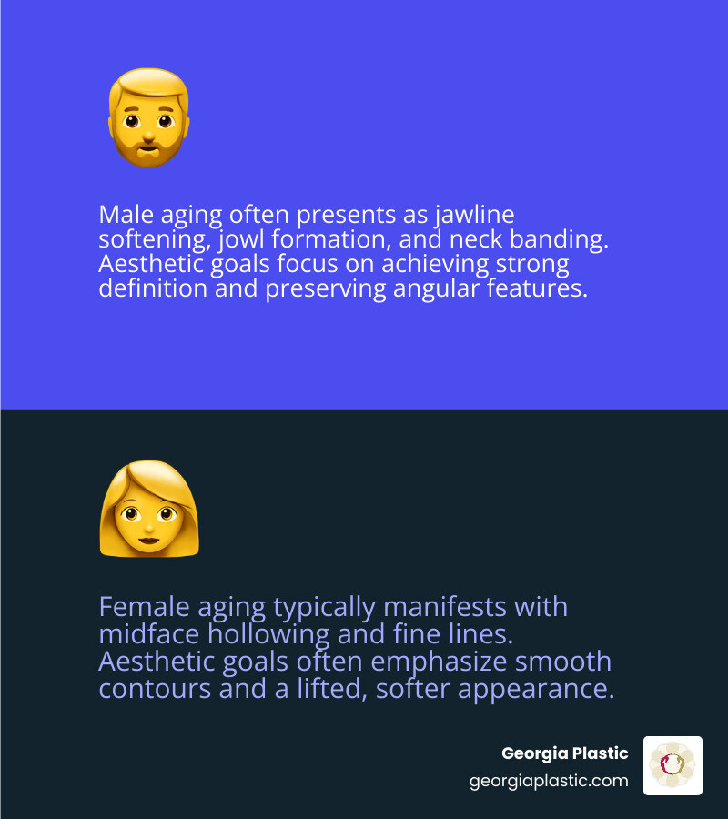 Infographic showing male vs female facial aging patterns: men experience jawline softening, jowl formation, and neck banding; women see more midface hollowing and fine lines. Male aesthetic goals include strong jaw definition, athletic neck angle, and preserved angular features, while female goals emphasize smooth contours and lifted cheeks - Facelift for men infographic 2_facts_emoji_blue Infographic showing male vs female facial aging patterns: men experience jawline softening, jowl formation, and neck banding; women see more midface hollowing and fine lines. Male aesthetic goals include strong jaw definition, athletic neck angle, and preserved angular features, while female goals emphasize smooth contours and lifted cheeks - Facelift for men infographic 2_facts_emoji_blue