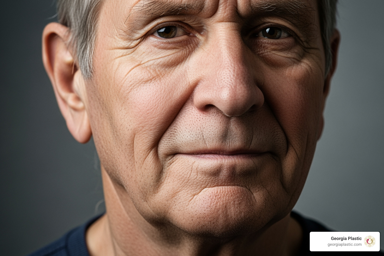 Man's face showing various facial aging concerns including jowls, neck bands, and deep nasolabial folds - Facelift for men Man's face showing various facial aging concerns including jowls, neck bands, and deep nasolabial folds - Facelift for men