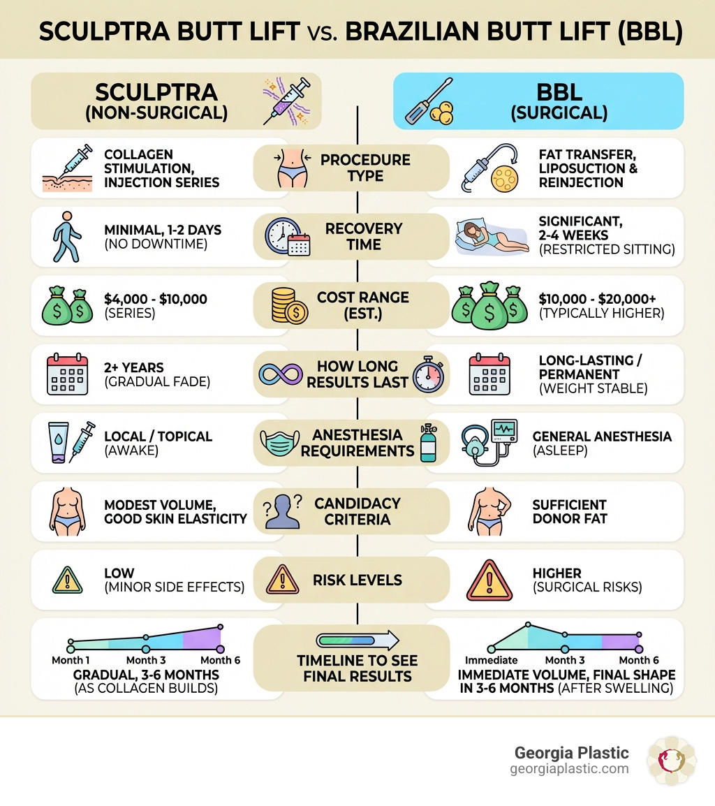 Infographic comparing Sculptra Butt Lift vs Brazilian Butt Lift showing procedure type, recovery time, cost range, how long results last, anesthesia requirements, candidacy criteria, risk levels, and timeline to see final results - Sculptra butt lift cost infographic 
