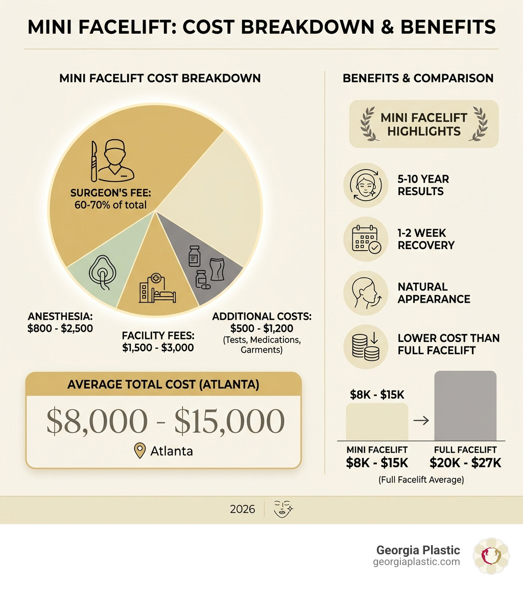 Infographic showing mini facelift cost breakdown: Surgeon's fee (60-70% of total), Anesthesia ($800-$2,500), Facility fees ($1,500-$3,000), Additional costs ($500-$1,200 for tests, medications, garments). Average total: $8,000-$15,000 in Atlanta. Benefits highlighted: 5-10 year results, 1-2 week recovery, natural appearance, lower cost than full facelift ($20,000-$27,000). - Mini facelift cost infographic 