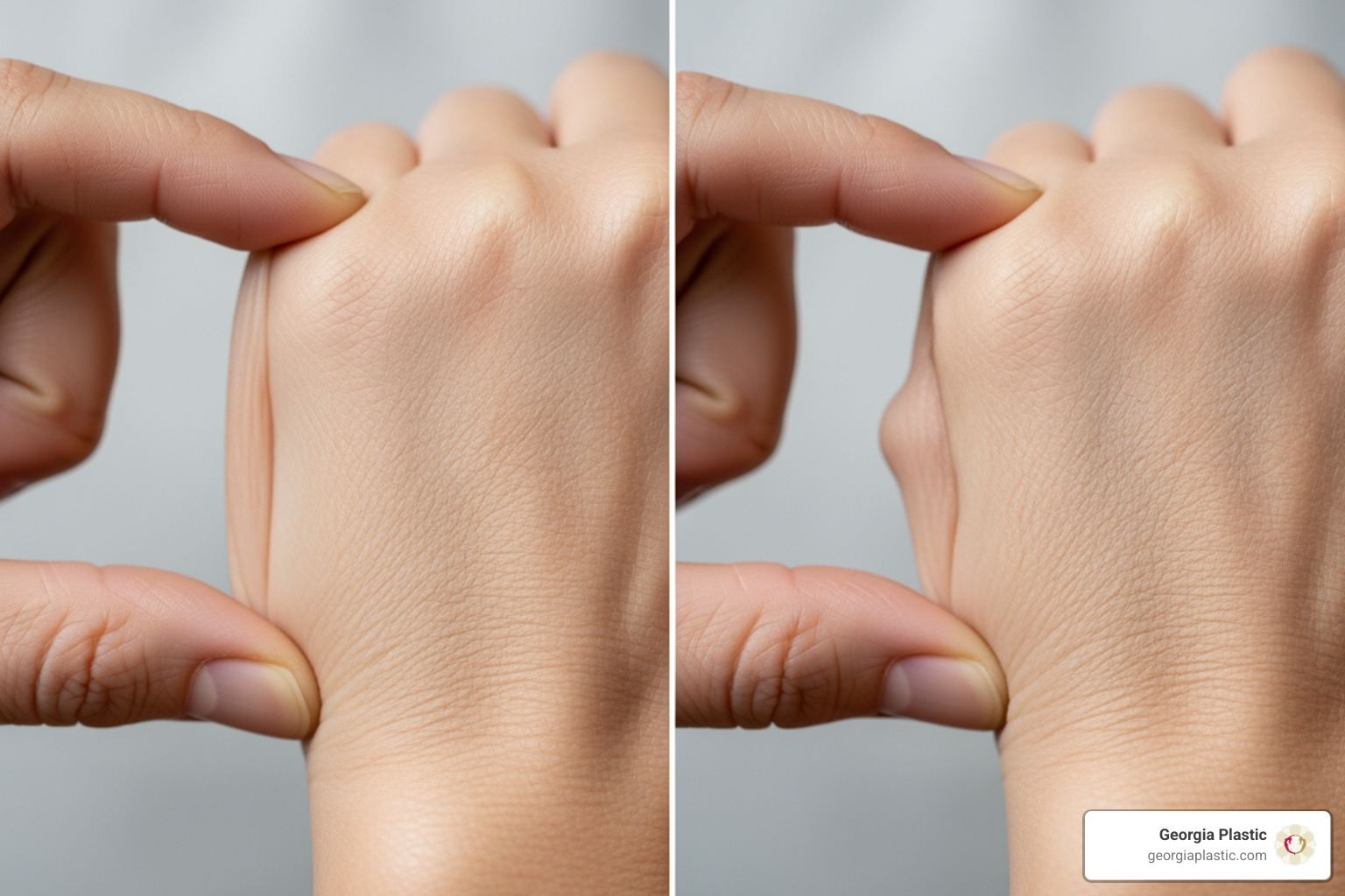 illustrating the difference between good skin elasticity (skin snaps back) and poor skin elasticity (skin sags) - chin and neck liposuction illustrating the difference between good skin elasticity (skin snaps back) and poor skin elasticity (skin sags) - chin and neck liposuction