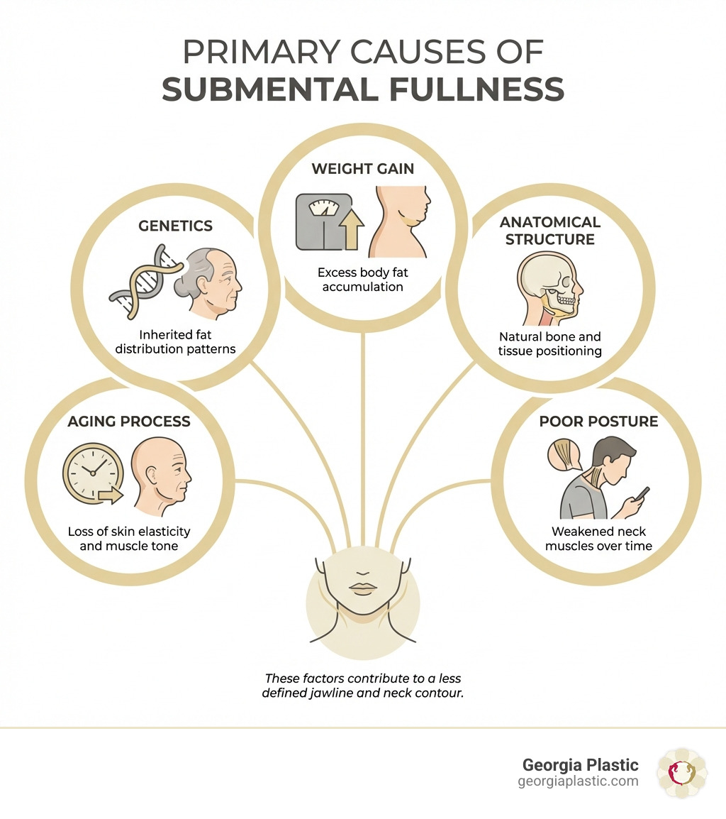 Infographic showing the primary causes of submental fullness: genetics (inherited fat distribution patterns), aging process (loss of skin elasticity and muscle tone), weight gain (excess body fat accumulation), anatomical structure (natural bone and tissue positioning), and poor posture (weakened neck muscles over time) - chin and neck liposuction infographic Infographic showing the primary causes of submental fullness: genetics (inherited fat distribution patterns), aging process (loss of skin elasticity and muscle tone), weight gain (excess body fat accumulation), anatomical structure (natural bone and tissue positioning), and poor posture (weakened neck muscles over time) - chin and neck liposuction infographic