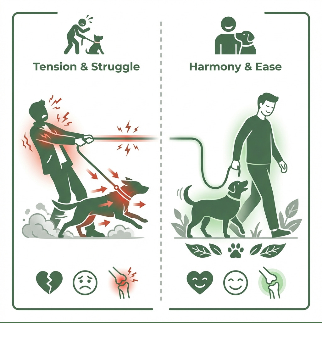 Infographic comparing a dog pulling on a tight leash (with tension, dog ahead, owner struggling) versus a dog on a loose leash (relaxed J-shape, dog at owner's side, both happy and calm) - loose lead walking infographic Infographic comparing a dog pulling on a tight leash (with tension, dog ahead, owner struggling) versus a dog on a loose leash (relaxed J-shape, dog at owner's side, both happy and calm) - loose lead walking infographic