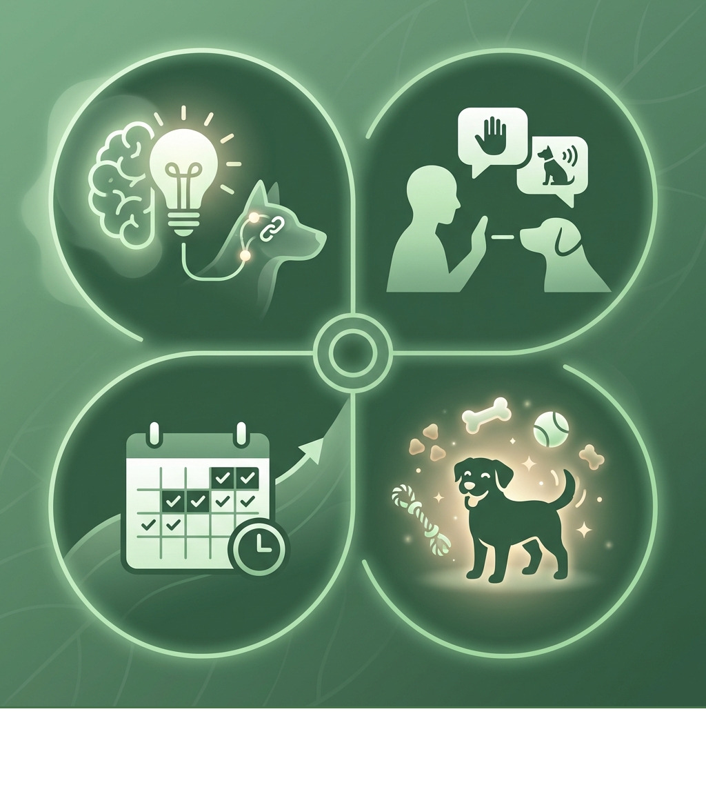 Infographic showing the four core pillars of dog training fundamentals: Understanding (brain with lightbulb representing how dogs learn through association), Communication (person and dog with speech bubbles showing clear signals), Consistency (calendar with checkmarks showing daily practice), and Positive Reinforcement (treats and toys with happy dog) - Dog training fundamentals infographic Infographic showing the four core pillars of dog training fundamentals: Understanding (brain with lightbulb representing how dogs learn through association), Communication (person and dog with speech bubbles showing clear signals), Consistency (calendar with checkmarks showing daily practice), and Positive Reinforcement (treats and toys with happy dog) - Dog training fundamentals infographic