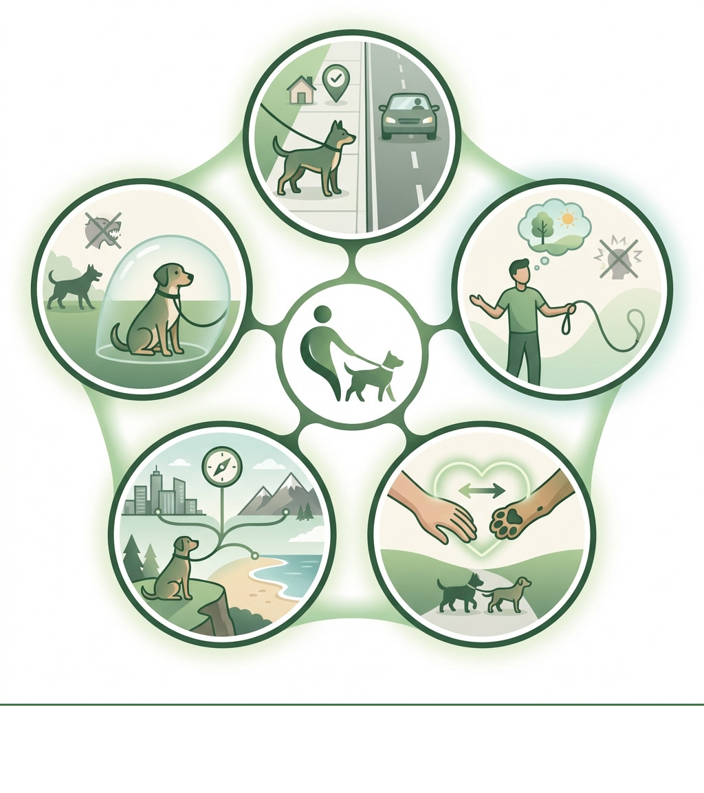 Infographic showing the benefits of on leash training: Safety from running into traffic or getting lost, Stress relief for owners during walks, Stronger bond through clear communication and teamwork, Freedom to explore more places together, Prevention of leash reactivity and behavioral issues - on leash training infographic Infographic showing the benefits of on leash training: Safety from running into traffic or getting lost, Stress relief for owners during walks, Stronger bond through clear communication and teamwork, Freedom to explore more places together, Prevention of leash reactivity and behavioral issues - on leash training infographic